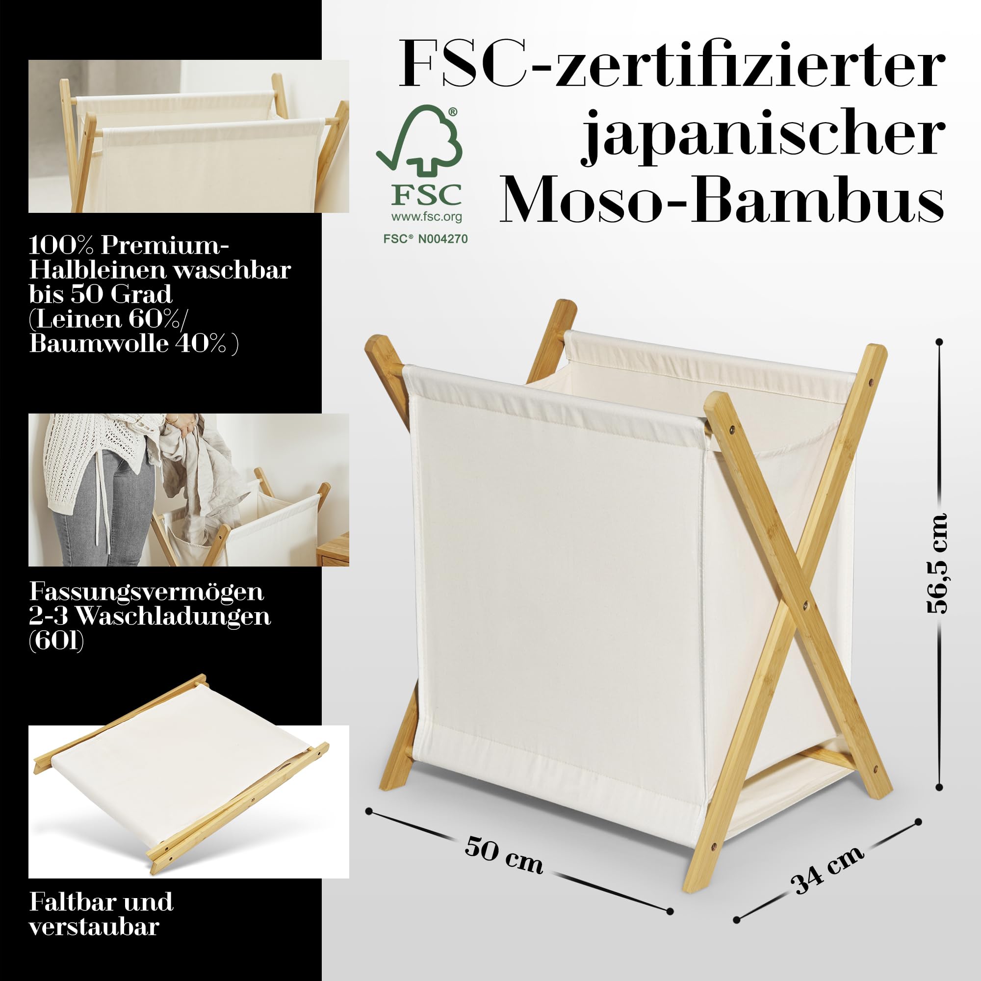 HeimGlück Wäschekorb - Wäschesammler beige [60l Halbleinen-Bambus Wäschekorb faltbar] nachhaltiger Wäschekorb klappbar, Wäschesortierer, Wäschetrenner, Wäschebox, laundry organizer | jetzt anschauen