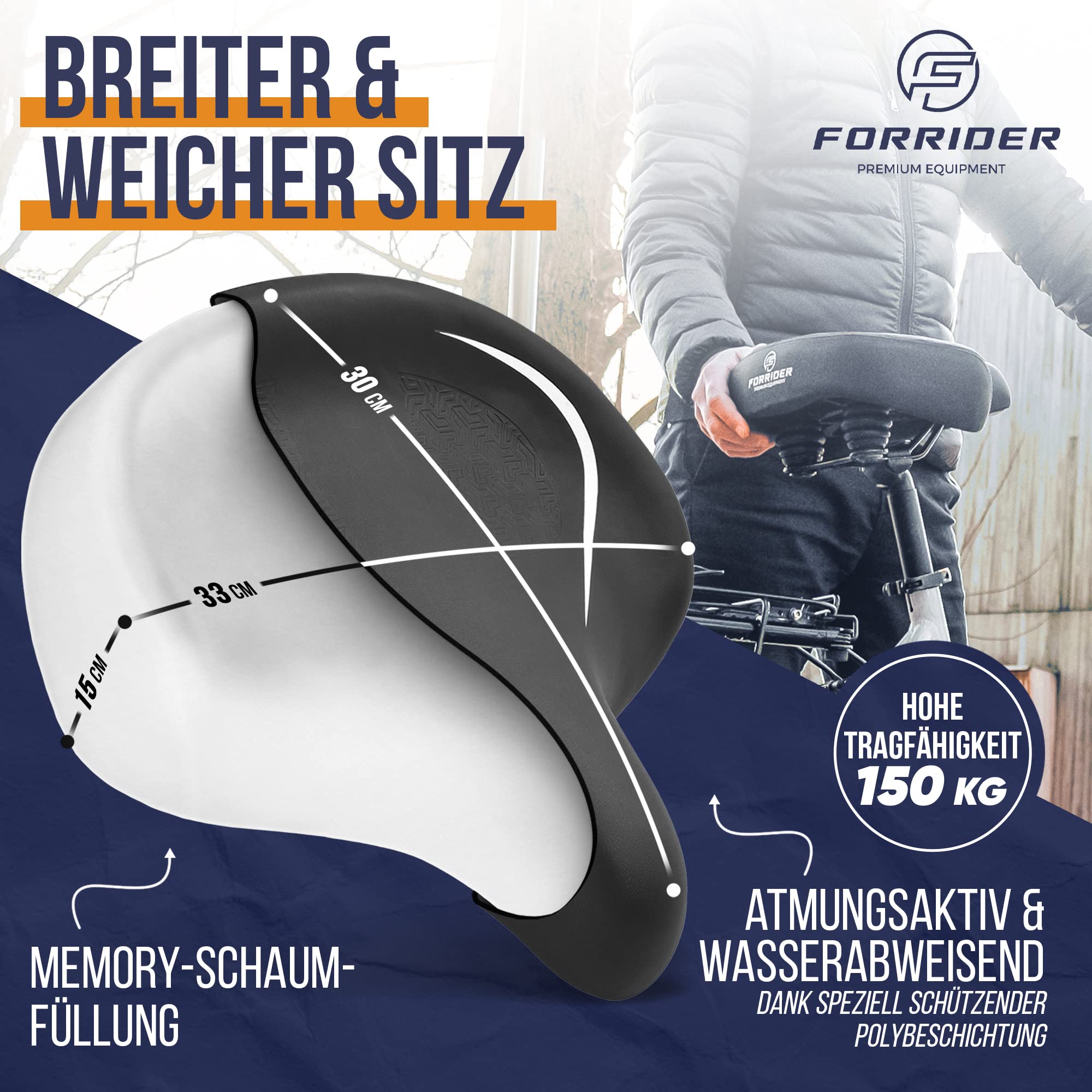 FORRIDER Fahrradsattel bequem | Ergonomischer Sattel mit Gesäßstütze [ÜBERGROSSE Sitzfläche] - City, Trekking, E-Bike, Heimtrainer – Damen & Herren