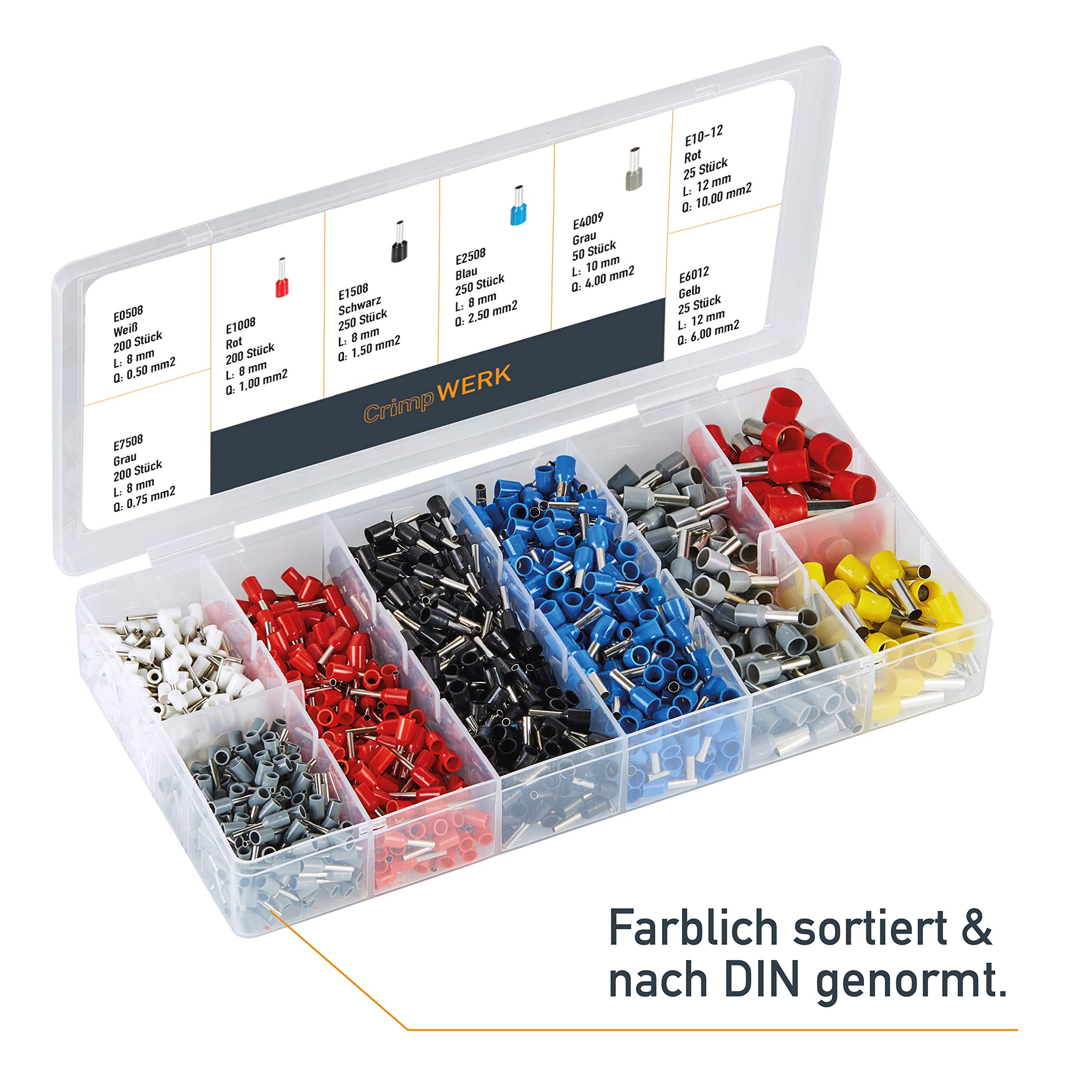 CrimpWERK® 1200 Stück Aderendhülsen Set I MADE IN GERMANY I 0,5 mm² - 10 mm² I Isolierte Hülsen nach DIN Standard sortiert I Profi Isolierhülsen Sortiment in Geprüfter Qualität