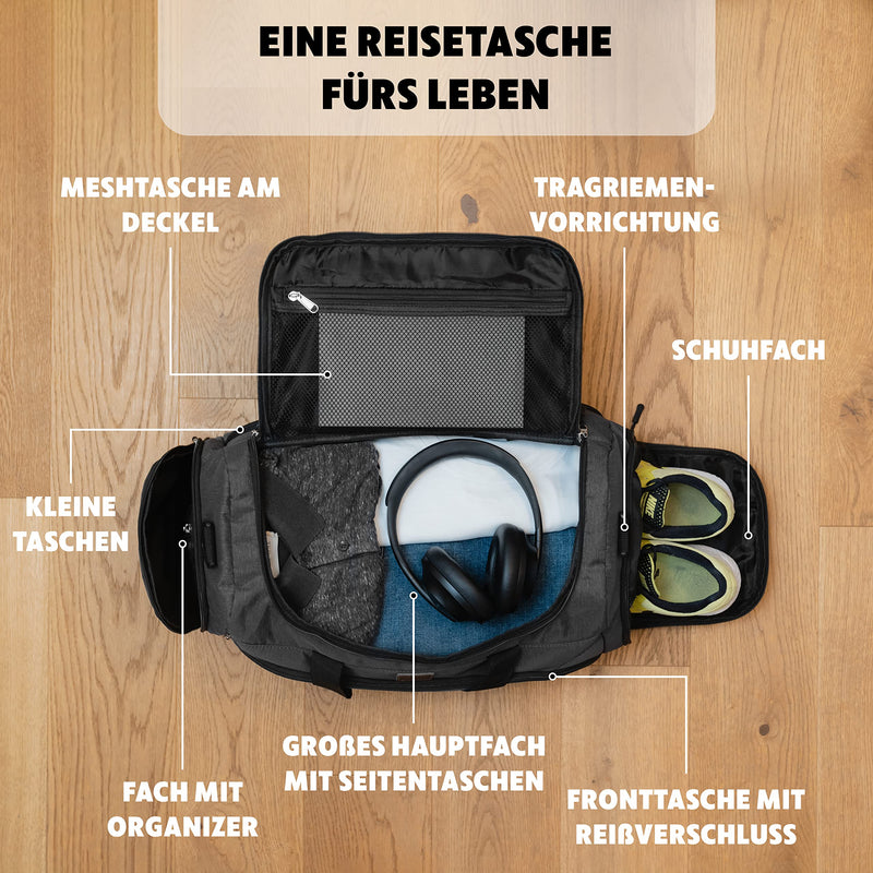 Obics - Premium Sporttasche 35L mit Schuhfach für Damen & Herren (grau) - Weekender Reisetasche für Handgepäck - Umhängetasche mittel für Fitness, Sport, Gym & Reise - Fitness-Tasche & Travel Bag