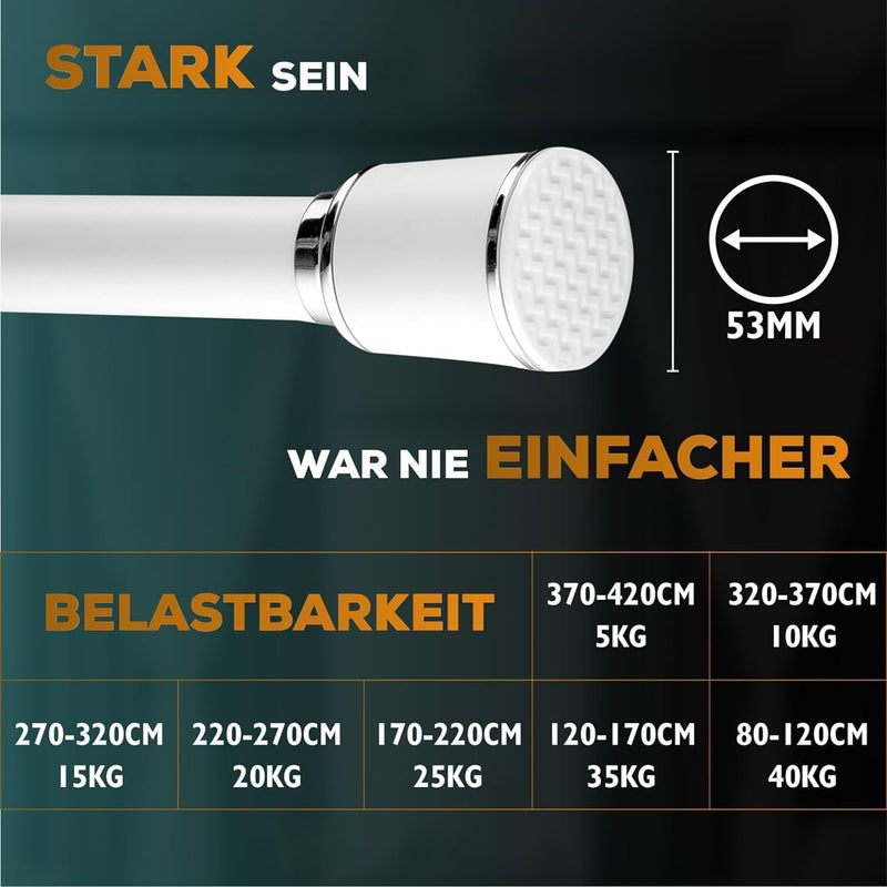 MEISENBERG Teleskopstange 270-320 cm Ø32mm, Weiß – Gardinenstange Ohne Bohren, Klemmstange Ausziehbar, Vorhangstange Zum Klemmen – Ideal für Vorhang & Gardinen