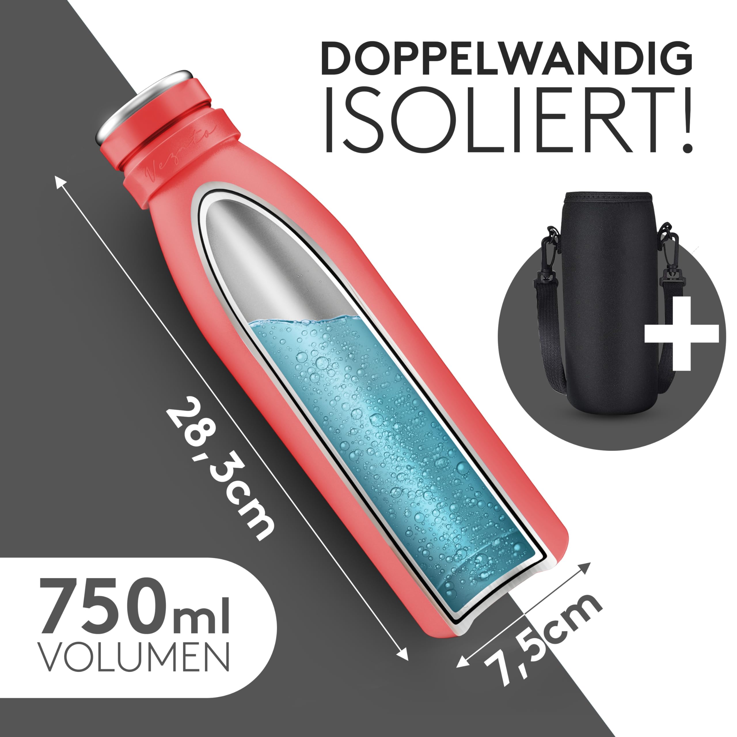 Vezato Trinkflasche Edelstahl - BPA-freie Isolierflasche 750 ml - Auslaufsichere Wasserflasche mit doppelter Isolierung - Thermosflasche spülmaschinenfest - Für Kohlensäure geeignet - Nachhaltig