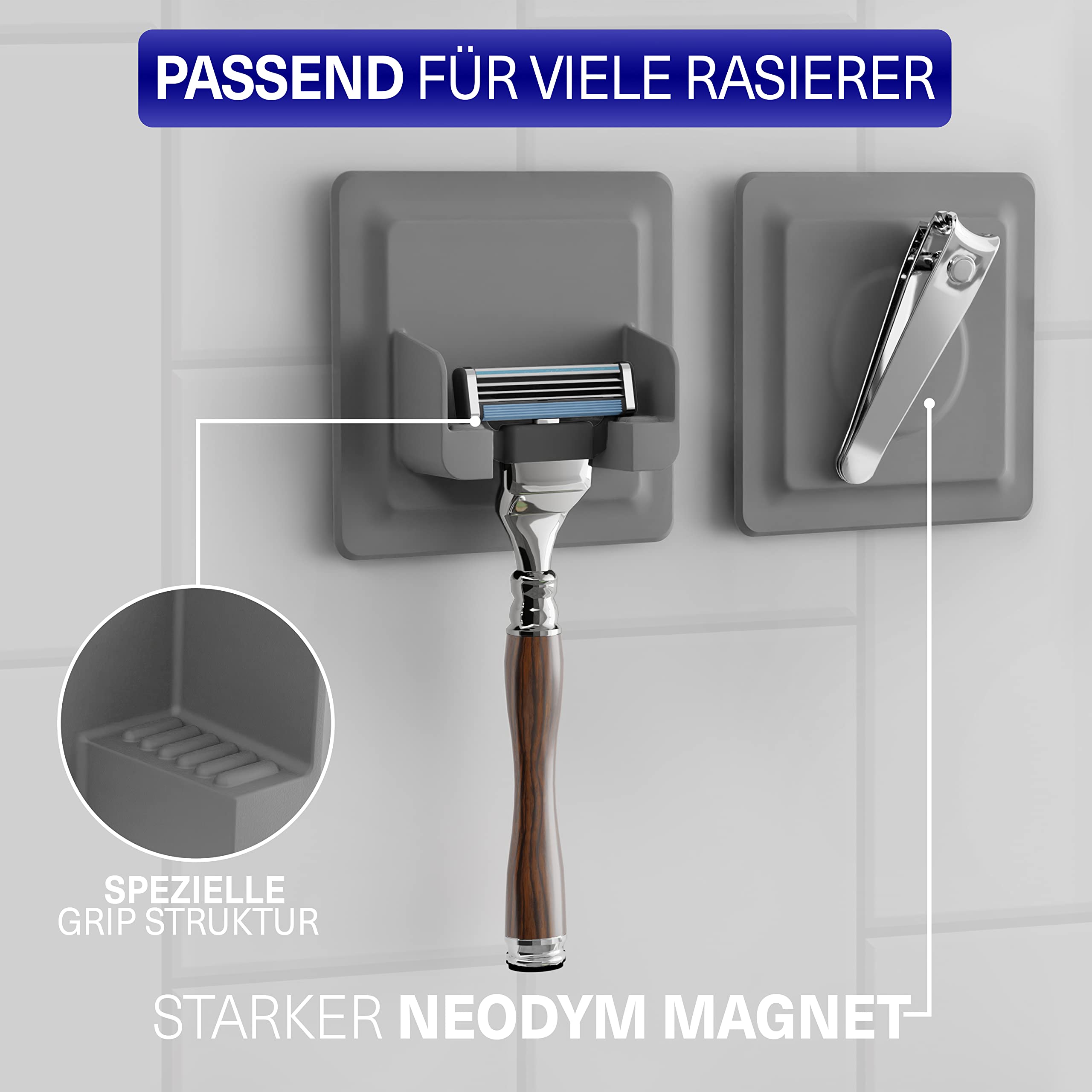 LOBUX® - 4in1 Badezimmer Halter Set selbstklebend [Soft-Touch Silikon], superfester Halt - Bad Organizer enthält: Rasierhalter, Zahnbürstenhalter, Haken, Neodym Magnet (hellgrau)