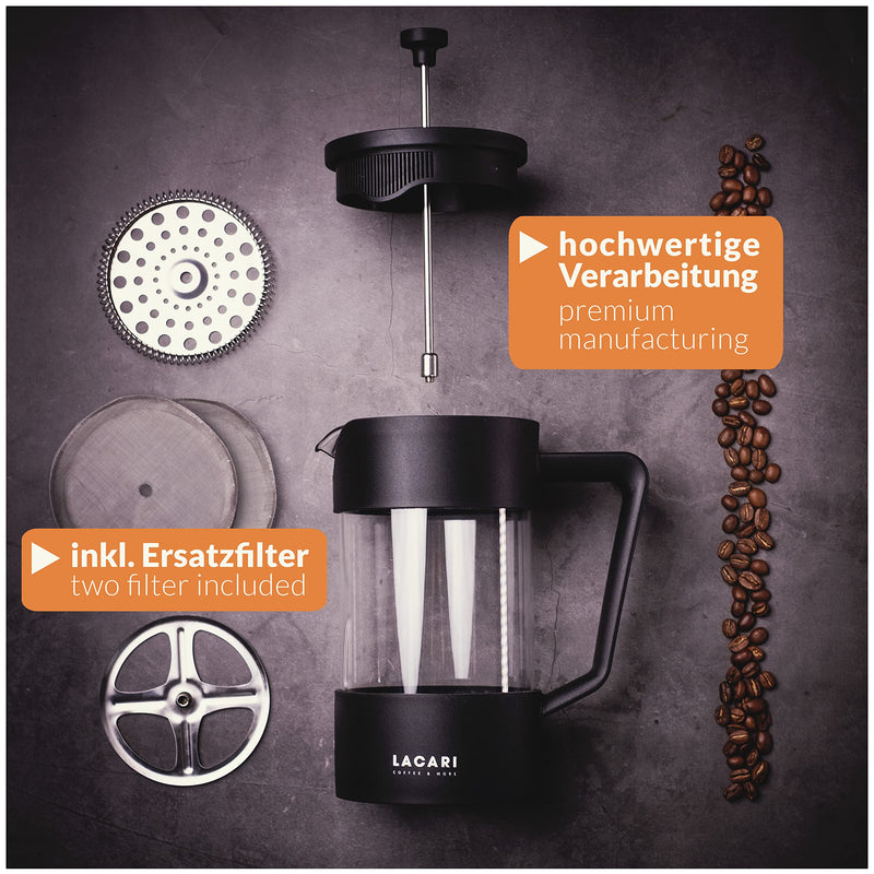 LACARI French Press aus Glas | Kaffeebereiter für 6 Tassen | French Press 1 Liter | Farbe Schwarz | Kaffeepresse 1l mit Ersatzfilter | Geschenk Kaffee