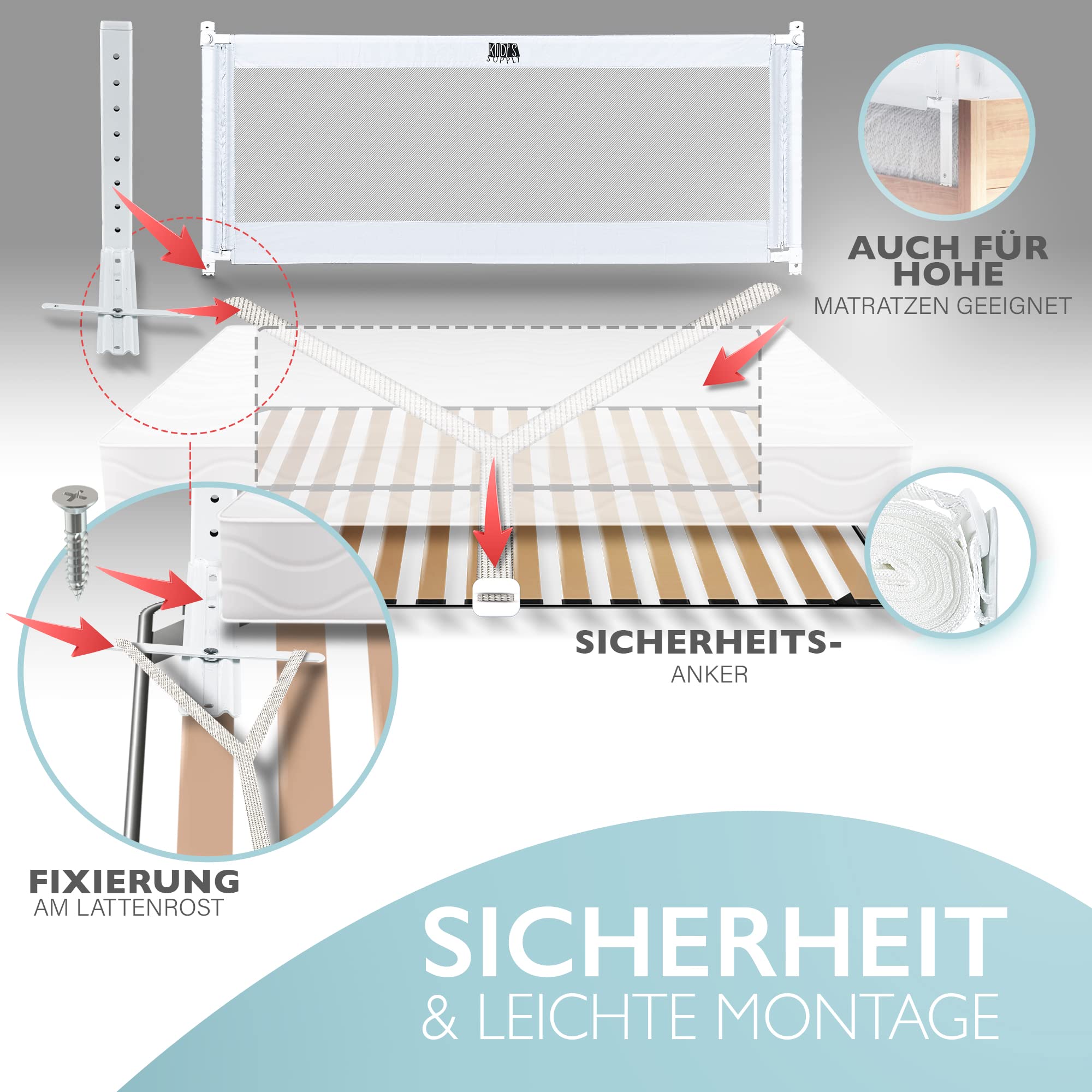 Kids Supply Bettgitter [180x80cm ] - Sicheres & höhenverstellbares Bettschutzgitter [70-90cm] - Rausfallschutz Bett für Kinder Bett & Elternbett [Eine Seite]