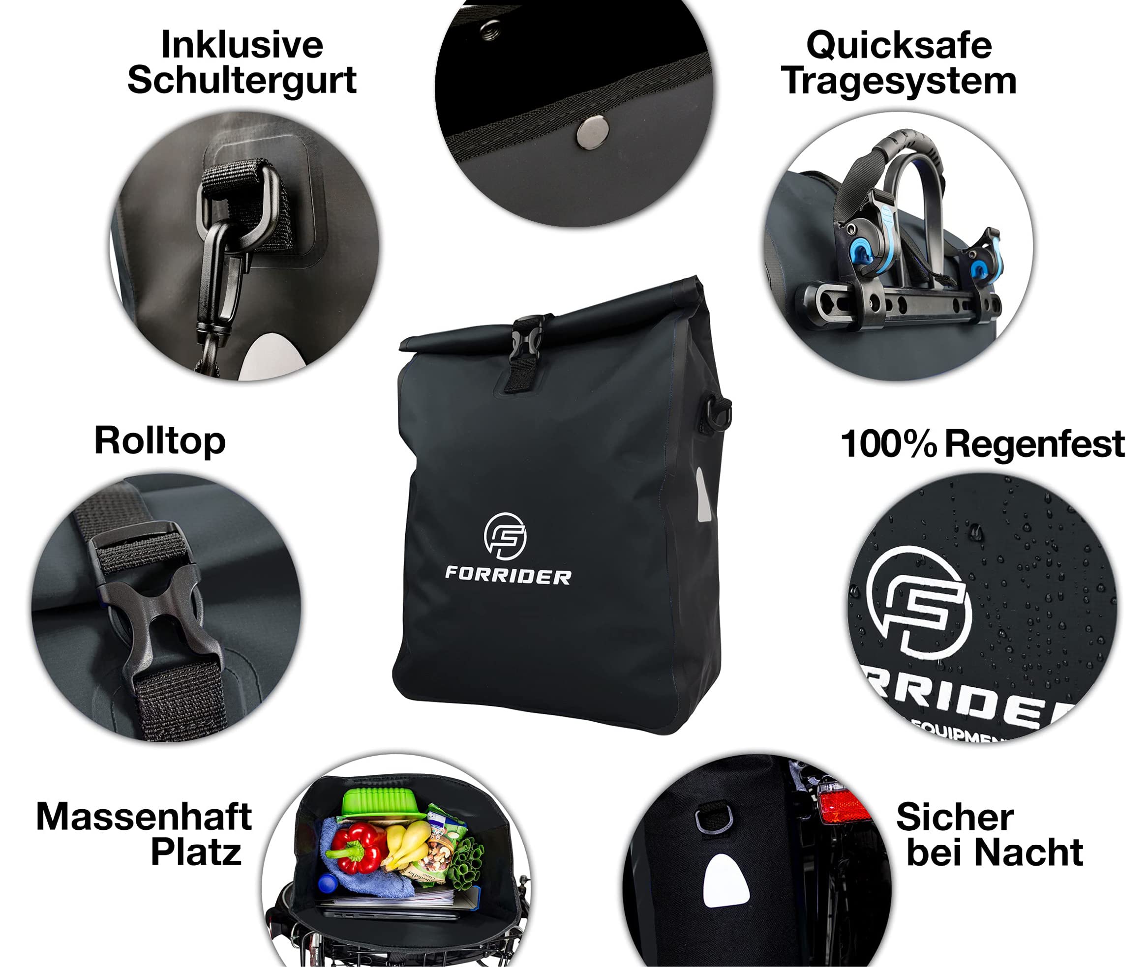 Forrider Schwarz Fahrradtasche für Gepäckträger Wasserdicht Reflektierend I 22L Gepäckträgertasche | Sattel Tasche fürs Fahrrad zum Einkaufen, Touren (Schwarz)