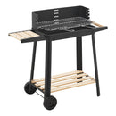 casa.pro Grillwagen Ari Holzkohlegrill BBQ Grillrost aus emailliertem Edelstahl Gartengrill 2 Räder Windschutz mit Grillrosthöhenverstellung 78x86x30cm Schwarz/Holz