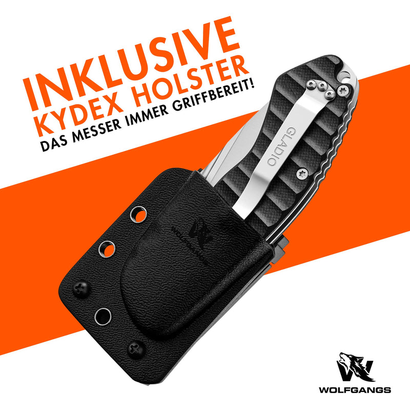 Wolfgangs GLADIO Zweihandmesser Klappmesser aus feinstem D2 Stahl - Legales Taschenmesser Klappmesser - Rebustes Outdoor Messer Survival - Klappmesser Outdoor inkl. Kydex Holster (Silber)