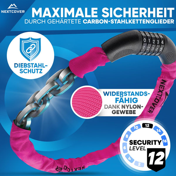 NEXTCOVER® NEU Fahrradschloss mit Zahlencode [SAFESECURE] für hohe Sicherheit I Schloss mit 5- stelligem Zahlencode I Zahlenschloss Fahrrad Stahl I Bike Lock perfekt für E-Bike I Kettenschloss (Pink)