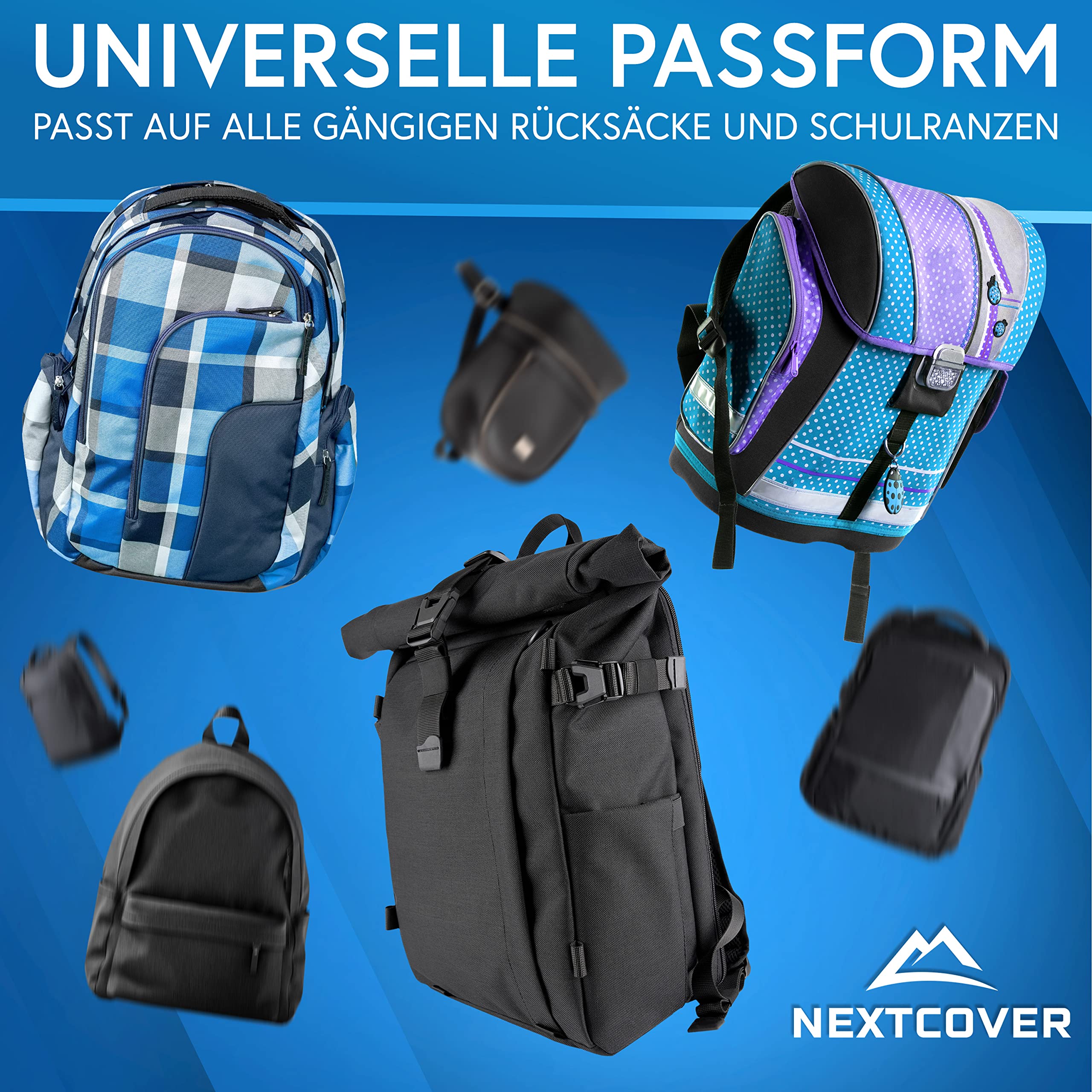 Nextcover® NEU Universeller Regenschutz für Rucksack & Schulranzen [AquaShield] I 100% Wasserdichter Rucksack Regenschutz für effektiven Schutz vor Nässe I Rucksack Überzug Reflektierend I Regenhülle