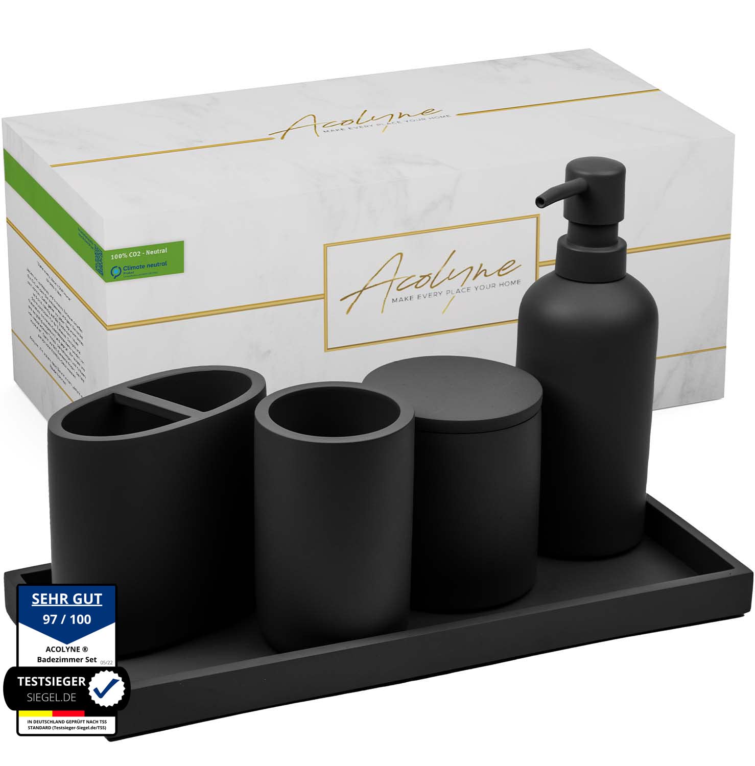 𝐀𝐜𝐨𝐥𝐲𝐧𝐞® Premium 5-teiliges Badezimmer Set aus [Hochwertigem Harz] als Bad Accessoires | Seifenspender oder Organizer | Zahnputzbecher | Zubehör