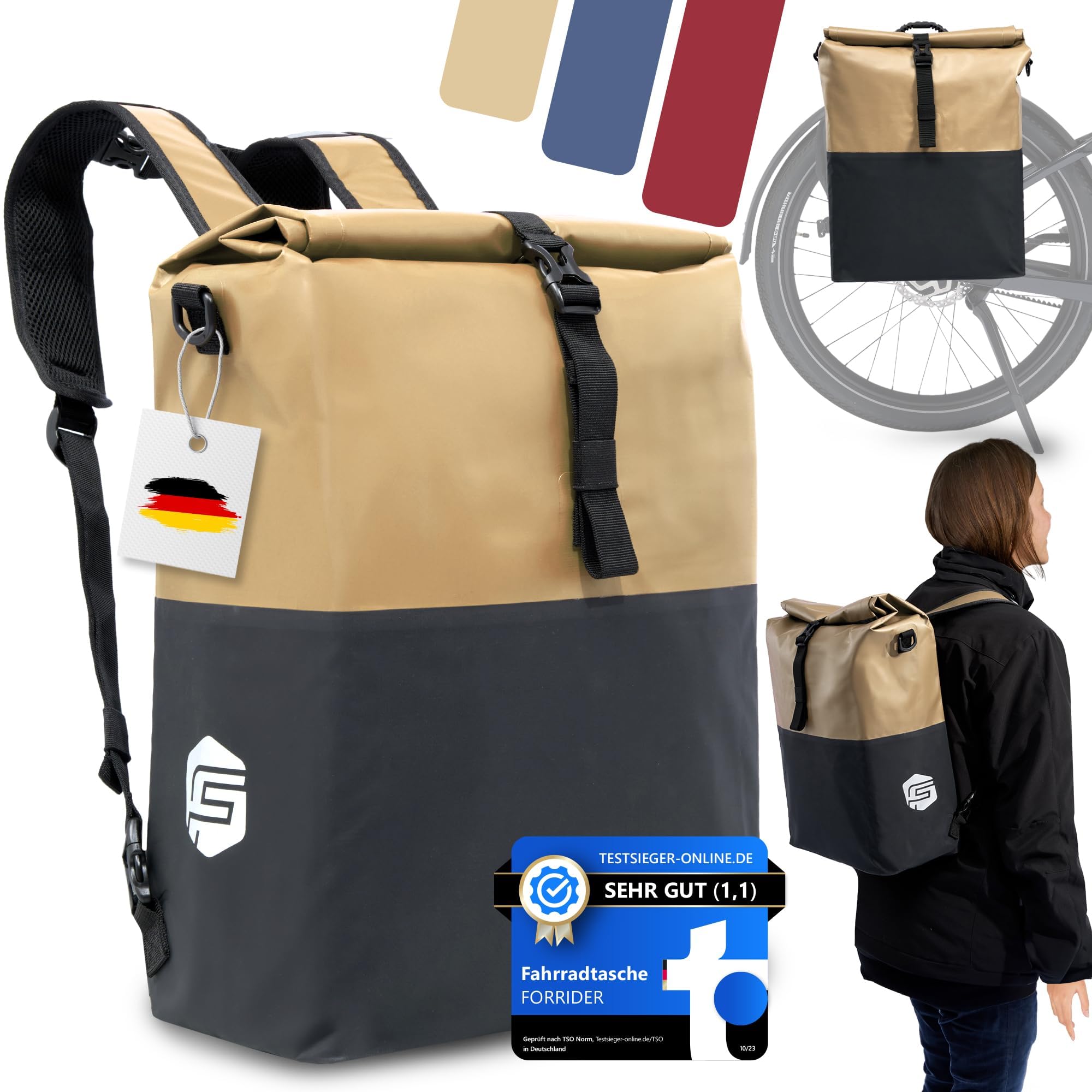 Forrider 3in1 Fahrradtasche für Gepäckträger mit Rucksack Wasserdicht 27L I Gepäckträgertasche Reflektierend I Sattel Tasche fürs Fahrrad