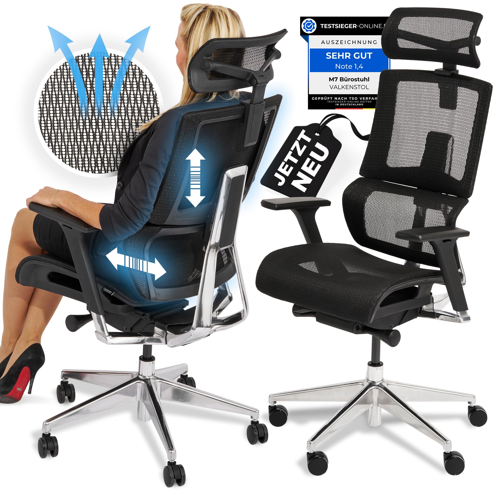 VALKENSTOL M7 Ergonomischer Bürostuhl [Adaptive Lordosenstütze] Chefsessel Bürostuhl Ergonomisch als Home Office Chair Ergonomic Chair Bürostühle Schreibtisch Stuhl Desk Chair