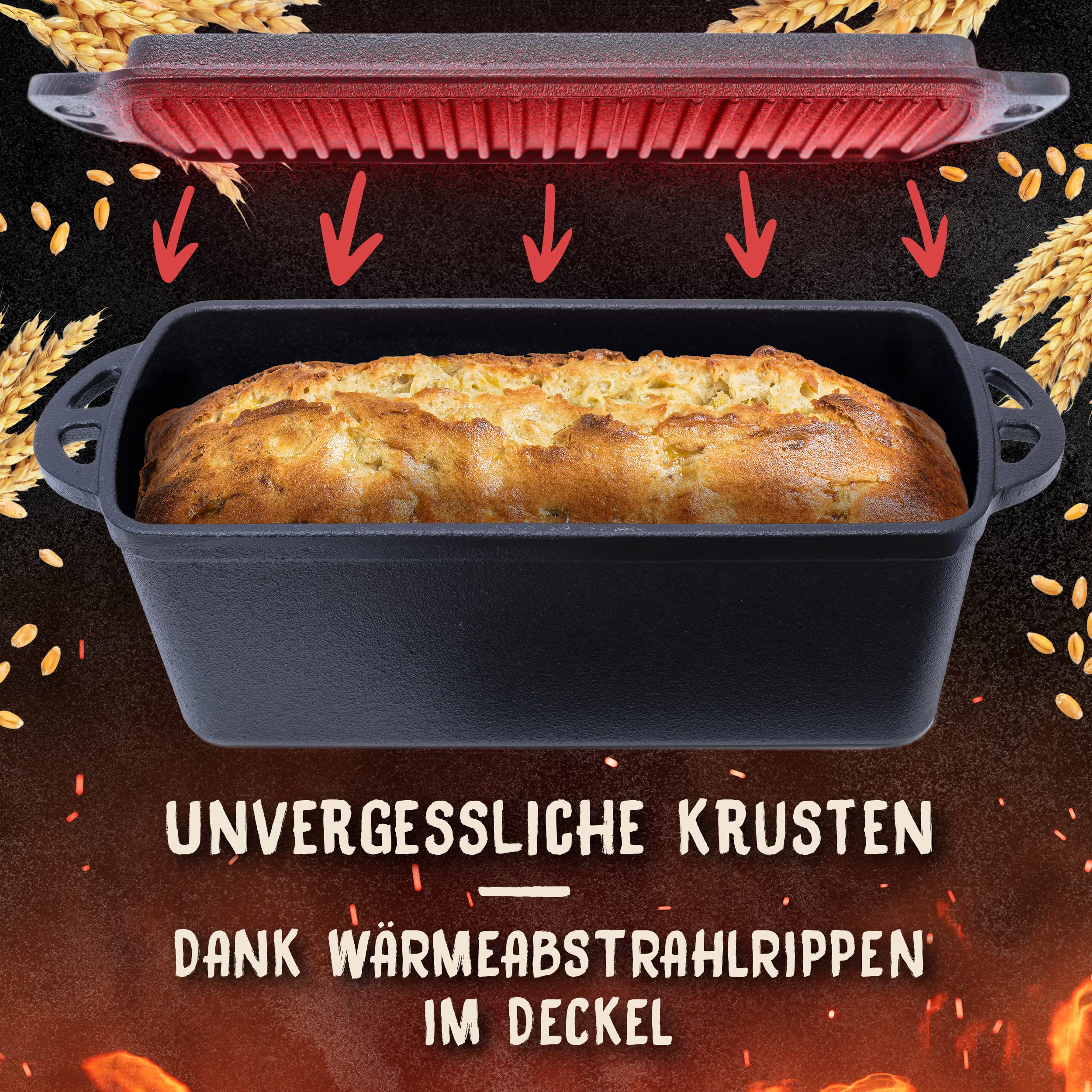 Flavemotion Brotbackform mit Deckel – 27 cm, rechteckig, Voreingebrannt – SuperCrispDeckel für perfekte Krusten beim Brot Backen auch Kastenform, Gusseisen Topf, Auflaufform, Bräter, Dutch Oven