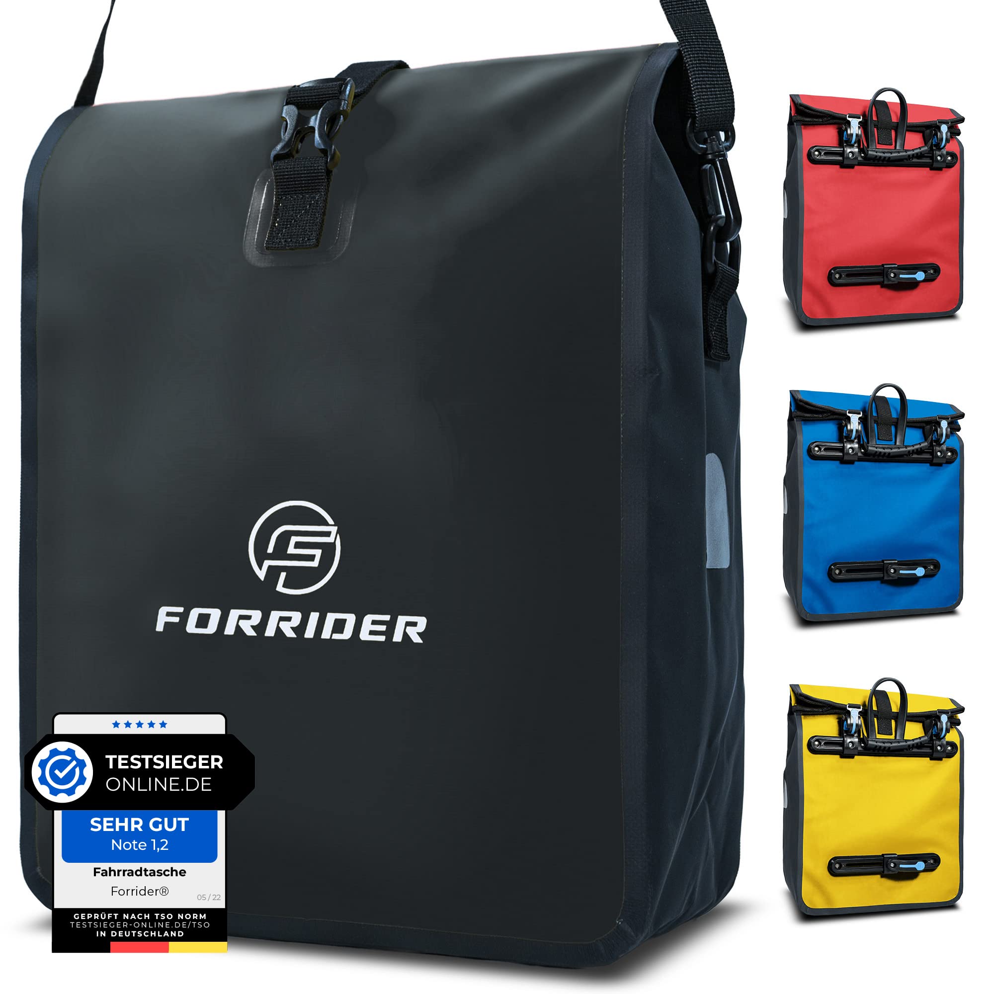 Forrider Schwarz Fahrradtasche für Gepäckträger Wasserdicht Reflektierend I 22L Gepäckträgertasche | Sattel Tasche fürs Fahrrad zum Einkaufen, Touren (Schwarz)