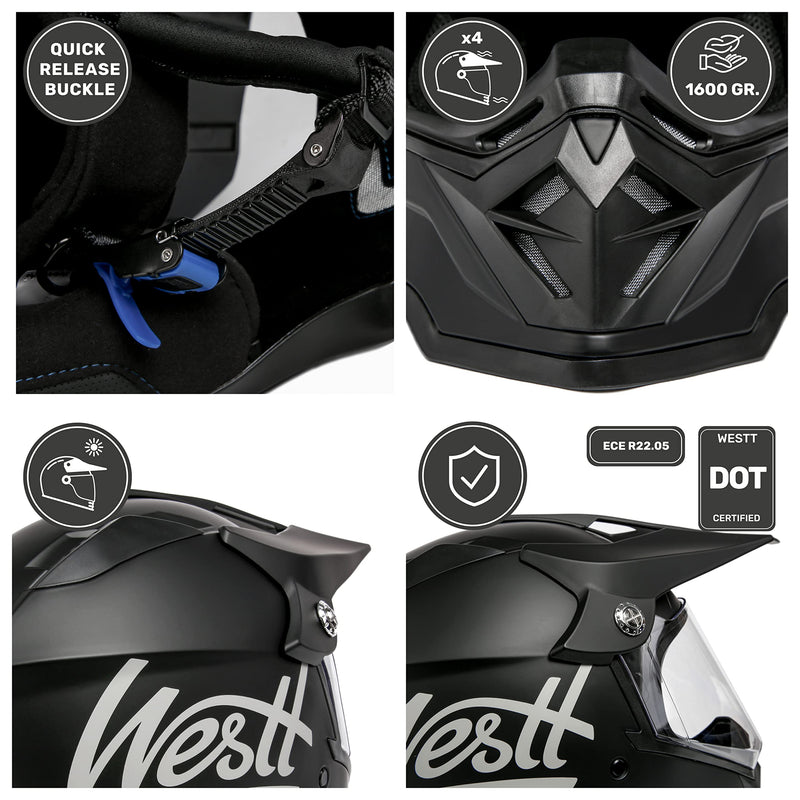 WESTT Cross X Motorrad-Helm I Motocross-Helm I Motorradhelm schwarz-matt I Motocross-Helm mit Visier I Cross-Helm-Herren I Fullface-Helm I MTB-Helm I Quad-Helm I ECE Zertifiziert I Größe S