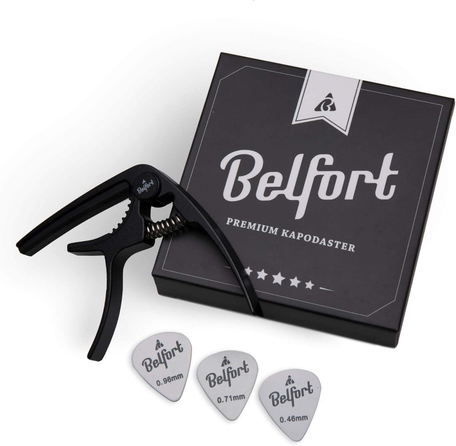 BELFORT® Original QuickPitch Kapodaster für Gitarre + 3 Plektren + Gratis eBook ☆ Kinderleichte Bedienung ☆ Capo für Gitarre - Westerngitarre, Akustikgitarre, Konzertgitarre, E-Gitarre & Ukulele