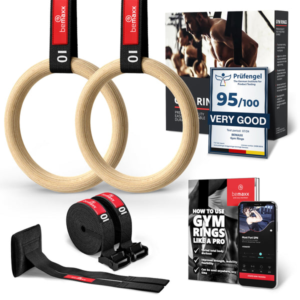 BeMaxx Turnringe Holz Gym Rings + Türanker & Trainings-eBook – Olympische Gymnastik Holzturnringe & Gurte + Markierungen | Turnerringe Gymnastikringe Fitness Ringe Workout Sport | Männer Frauen