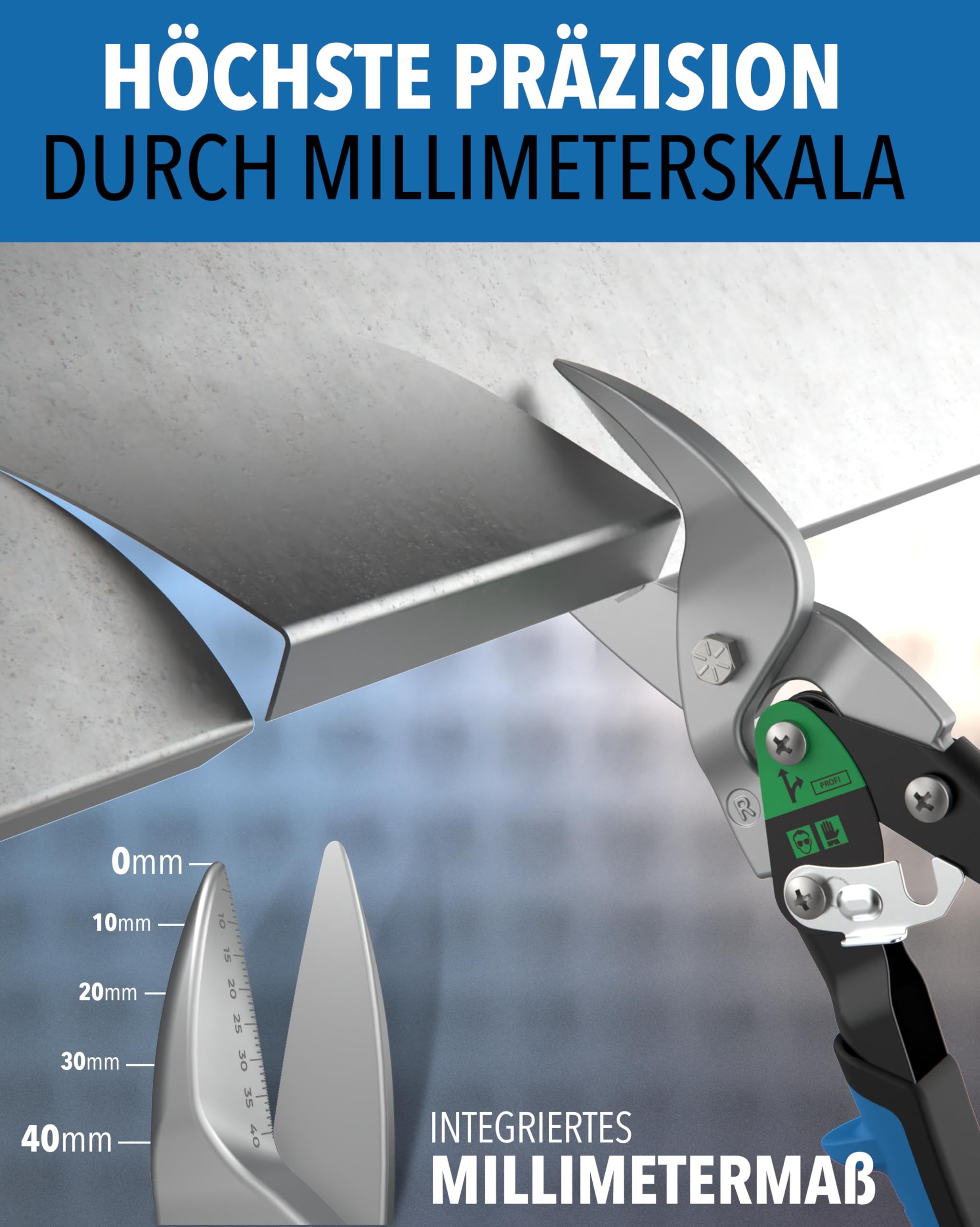 Blechschere Set gerader- & rechter Schnitt - [int. Millimeterskala] - Metallschere für Trockenbau, Trapezblech, Metall, Drahtschere für Drahtgitter, Blech Schneider, Metallschere, Blech Schneiden