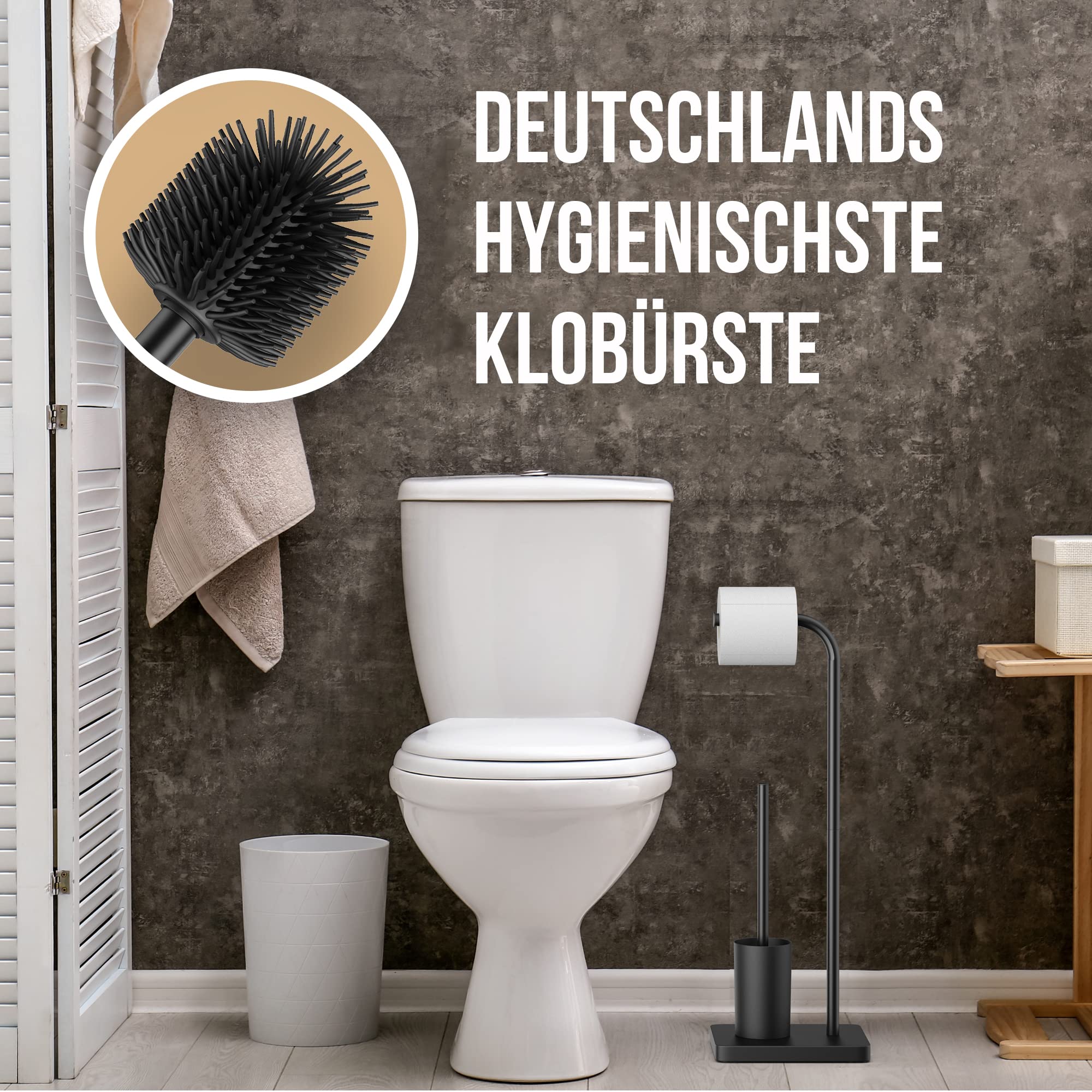 Abrush Stand WC Garnitur | Toilettenbürste- und Toilettenpapierhalter mit Silikon WC Bürste | WC Garnitur Set für jedes Badezimmer in schwarz