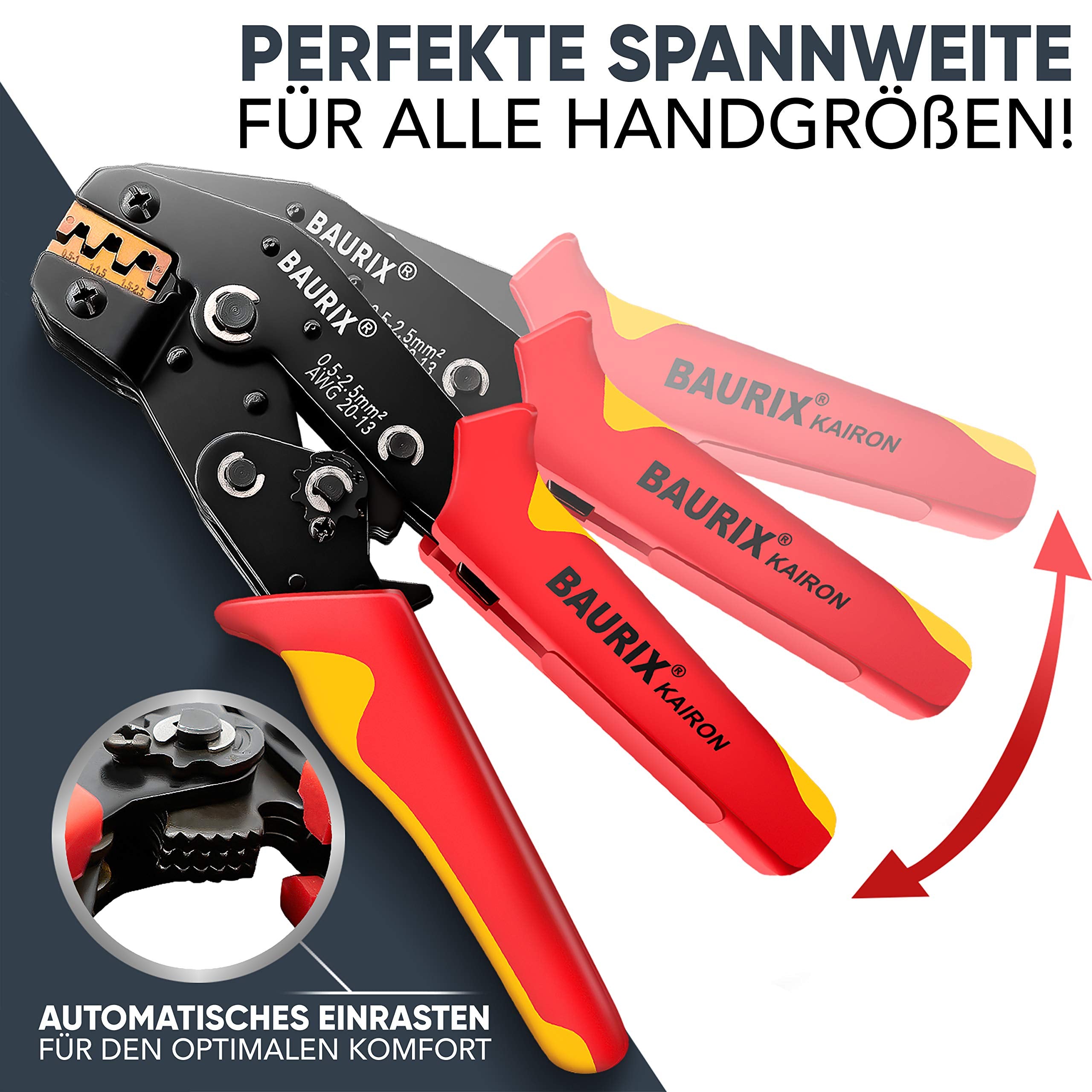 BAURIX® Crimpzange inkl. 300 Stück Flachsteckhülsen Set I Krimpzange für 0,50-2,50 mm² Steckverbinder I Crimpzangen Tool, Crimp Zange, Flachsteckhülsenzange, Crimpwerkzeug