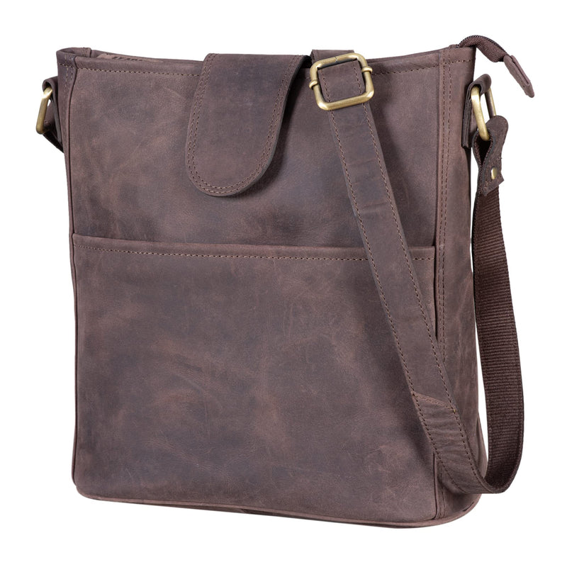 LEABAGS Leder Handtasche Damen I Premium Echtleder Umhängetasche I Damen Schultertasche I Damentasche I Tragetasche für Arbeit Uni Schule Freizeit I Größe L (31 x 23 x 6 cm) I Nature Dunkelbraun