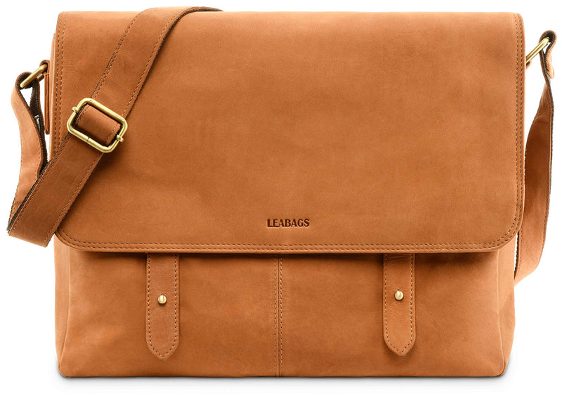 LEABAGS Leder Umhängetasche Herren & Damen I Echtleder Laptoptasche bis 14 Zoll I Messenger Bag mit Schultergurt I Schultertasche I Arbeitstasche I Tragetasche I Handtasche I Nature Hellbraun