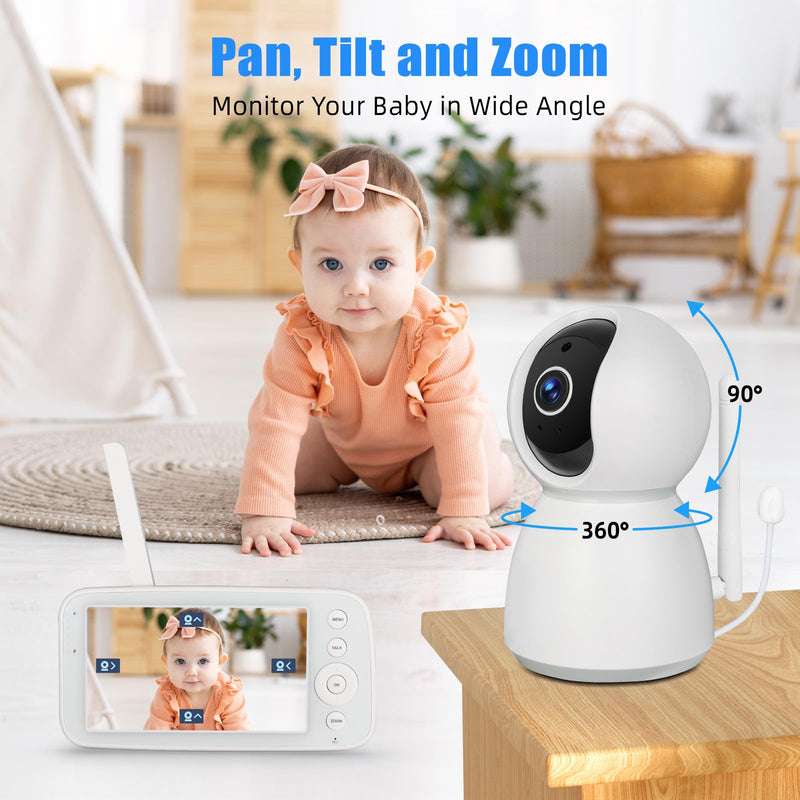 Gleeso Babyphone 5” HD 1280x720 IPS Display Video Baby Monitor with Camera and Audio Pan-Tilt-Zoom Wide View No WiFi No APP Two Way Talk Infrared Night Vision Necessity for Caring Newborn Elderly Pets