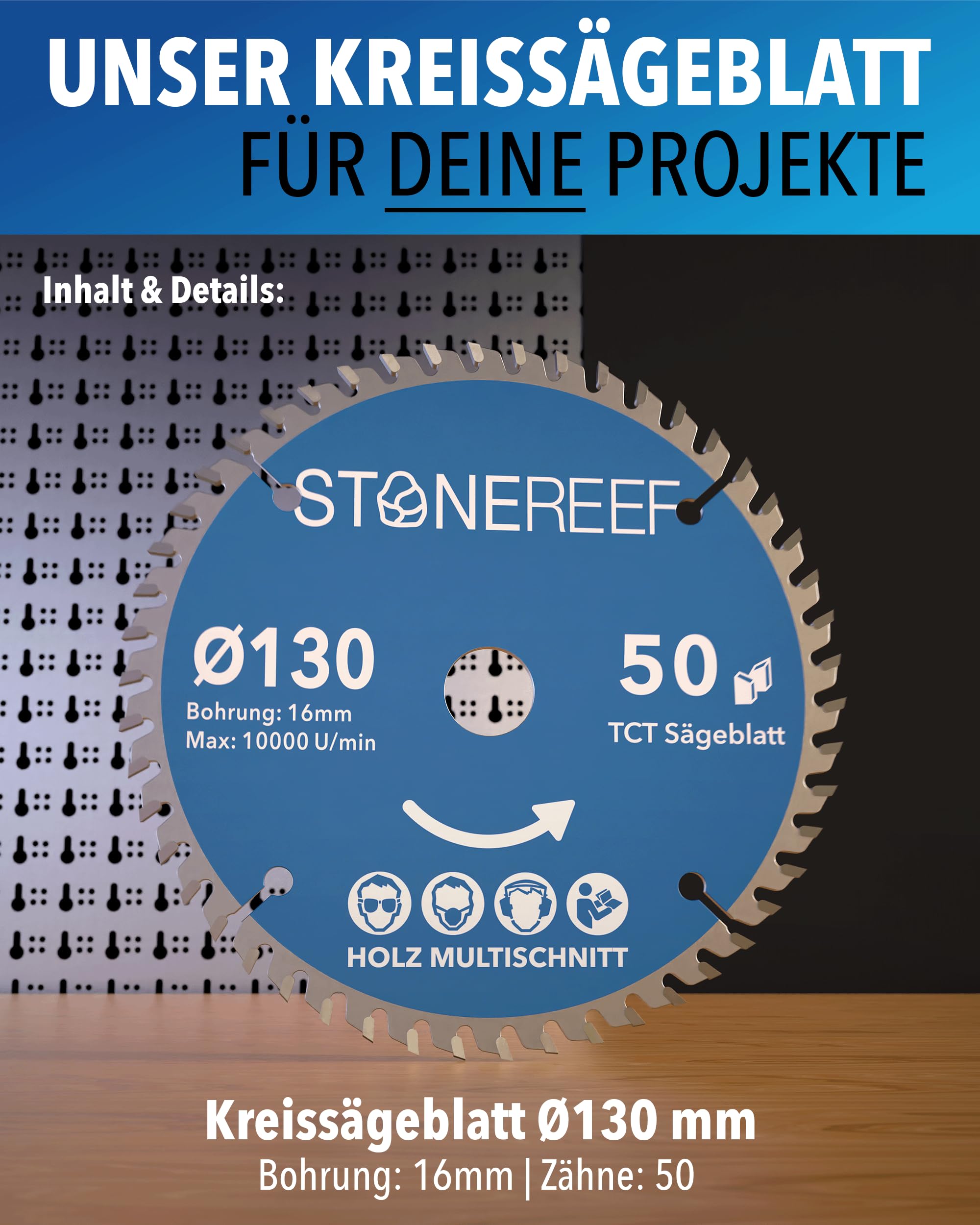 STONE REEF Sägeblatt 130X16 - Kreissägeblatt kompatibel mit Tauchsäge & Kreissäge von Bosch, Makita usw. - Sägeblatt Kreissäge Nagelfest, ideal für Holz, Metall & Alu