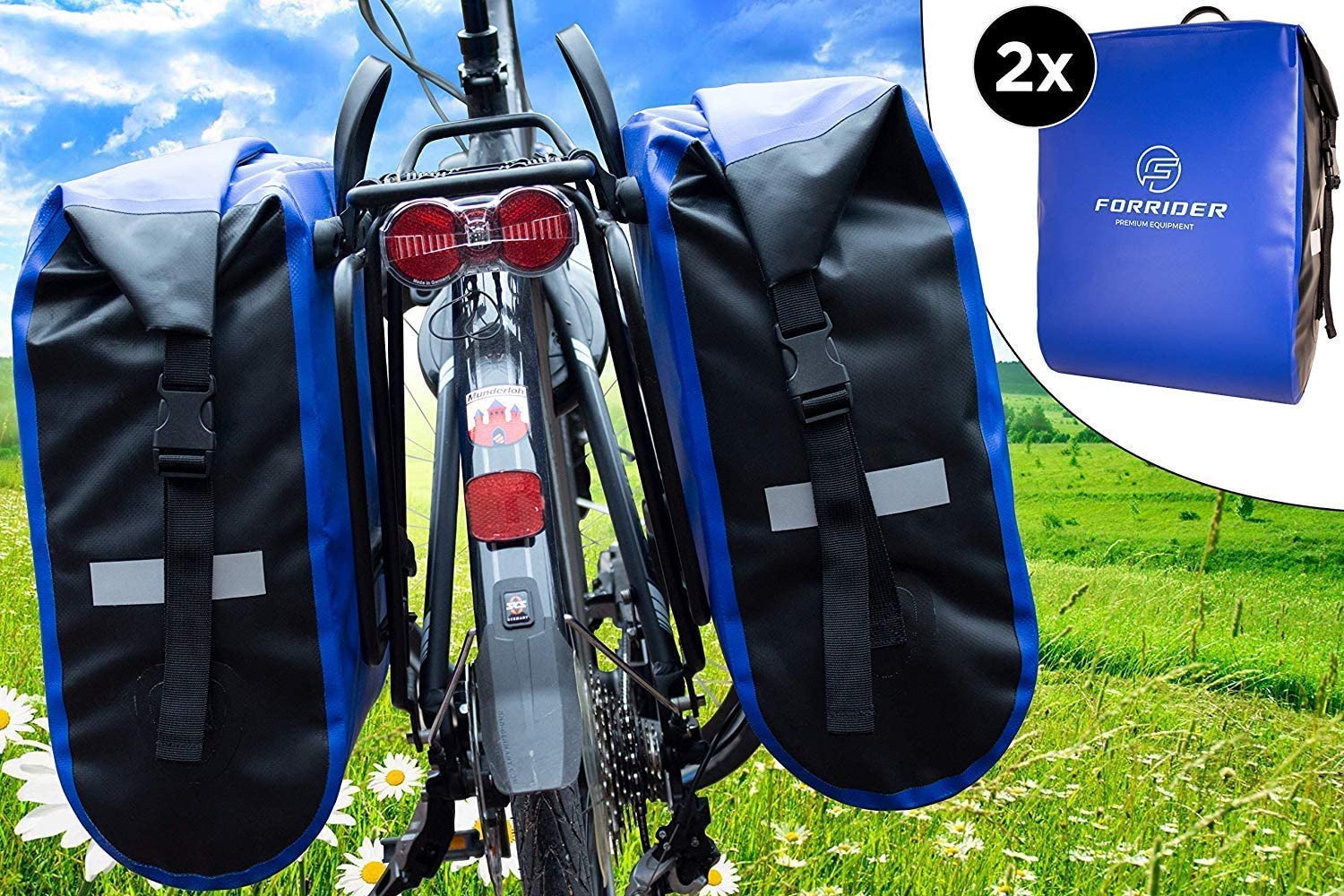 Forrider Fahrradtaschen für Gepäckträger - 100% Wasserdicht [2 Stück] 50L Volumen Premium Fahrrad Gepäckträgertaschen hinten Pack-Taschen Hinterradtaschen (Blau)