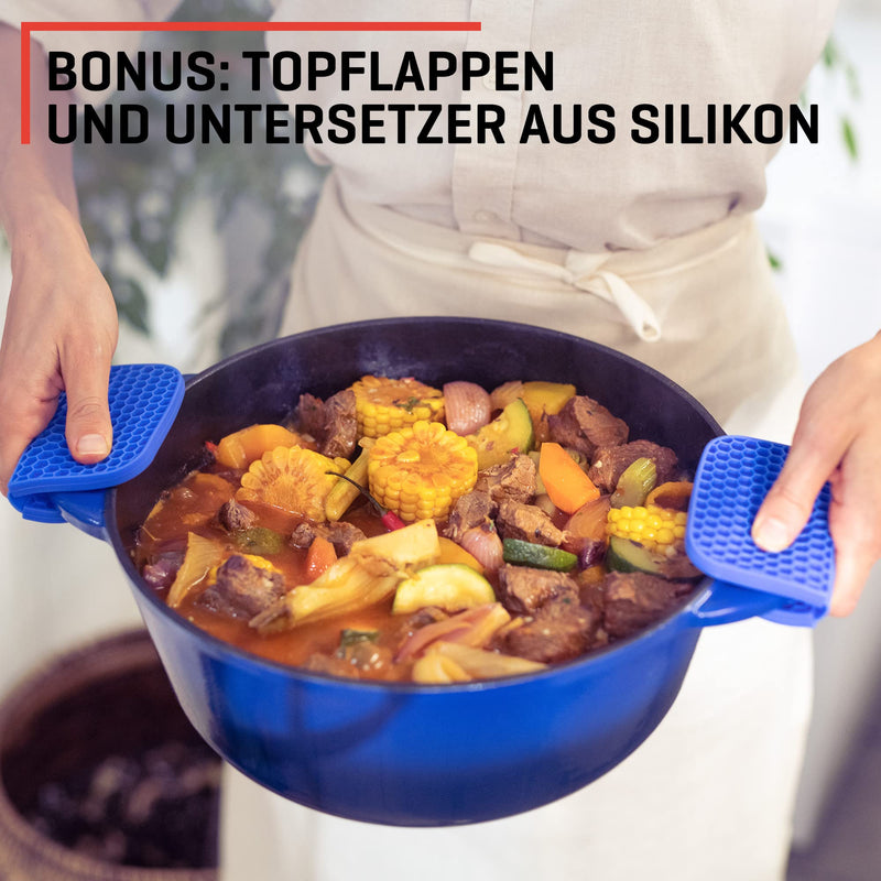 Uno Casa Blau Emaillierter Dutch Oven Gusseisen Topf - Dutch Oven 6 Liter Bräter mit Deckel, Langlebig, Natürliche Antihaft-Emaille-Beschichtung, Dutch Oven Set mit Silikongriffen und Untersatz