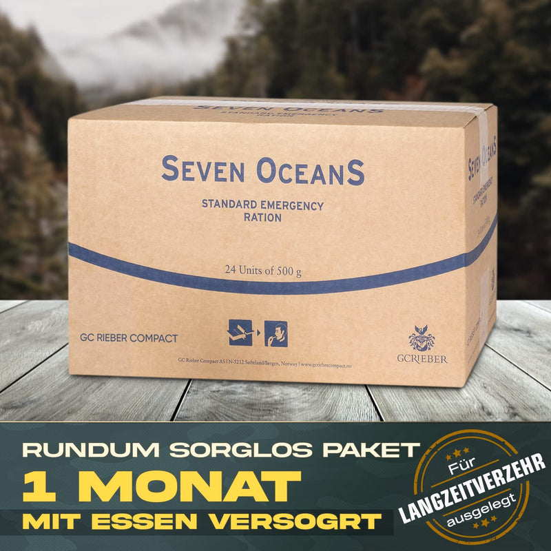 SEVEN OCEANS - DAS ORGINAL - XXL-Notfallnahrung [24x500g] inkl. extra Vitamine I Maximal Haltbare Notnahrung für dauerhaften Vorrat I Energie- & Kalorienreiche Outdoor Notration I Prepper Nahrung