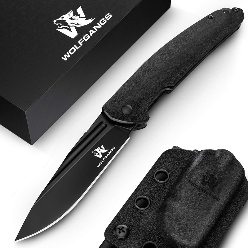 Wolfgangs NIGRUM Zweihandmesser Klappmesser aus feinstem D2 Stahl - Legales Taschenmesser Klappmesser - Rebustes Outdoor Messer Survival - Klappmesser Outdoor inkl. Kydex Holster (Full Black)