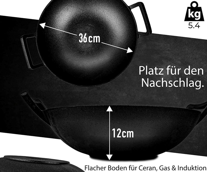 Oakfire Wok Gusseisen 36cm Groß Induktion, Grill Wok Gusseisern mit Non-Stick Patina