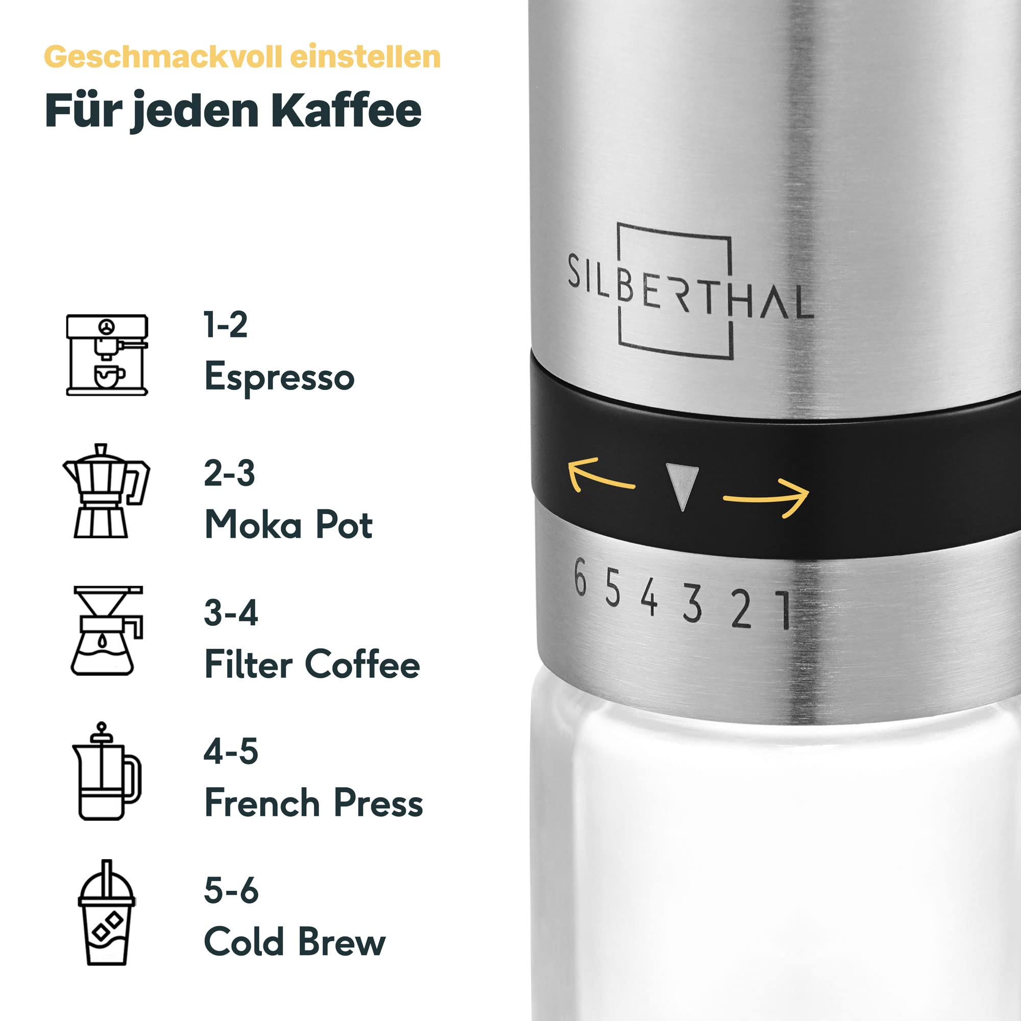 SILBERTHAL Kaffeemühle Manuell Kegelmahlwerk - Verstellbarer Mahlgrad - Handmühle aus Edelstahl und Glas - Ersatzglas