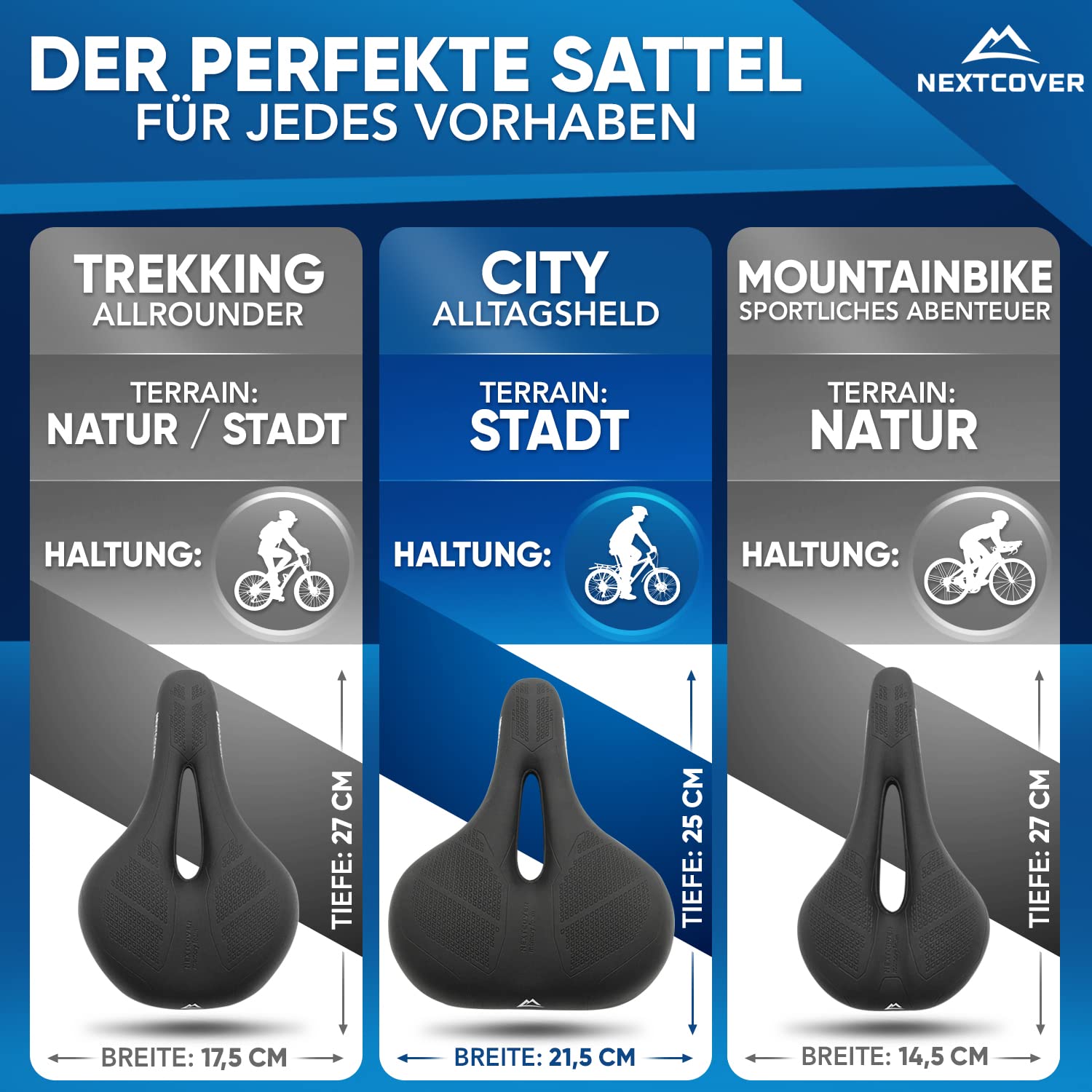 NEXTCOVER® Fahrradsattel mit Memory-Foam 2.0 und [Volume-Air] Federung I maximaler Fahrkomfort I ergonomischer Fahrrad Sattel für Damen & Herren I Sattel bequem I Rennrad, Trekking, City