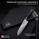 Kochstilist® Premium Santoku Messer 18 cm [+ inkl. Geschenkbox] Das Profi-Kochmesser aus extrem scharfem X75-Carbonstahl-Plus - Küchenmesser, Fleischmesser, Allzweckmesser mit edlem Echtholzgriff