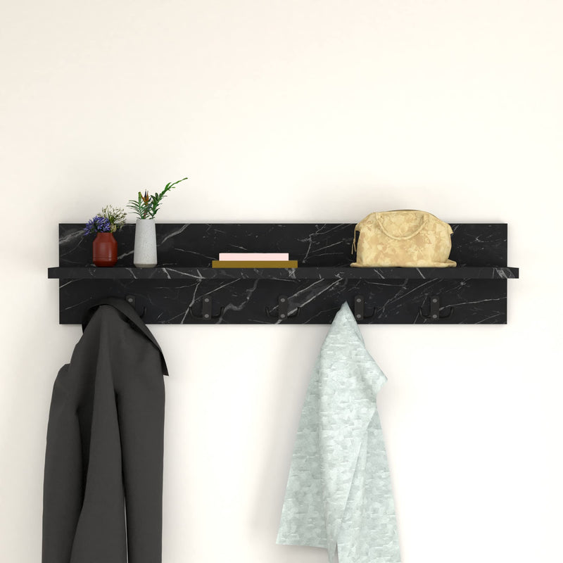 [en.casa] Wandgarderobe Hammarö mit 10 Garderobenhaken Schwarze Marmor-Optik Garderobenleiste Flurgarderobe mit Ablage Hakenleiste Jackenhalter Hutablage