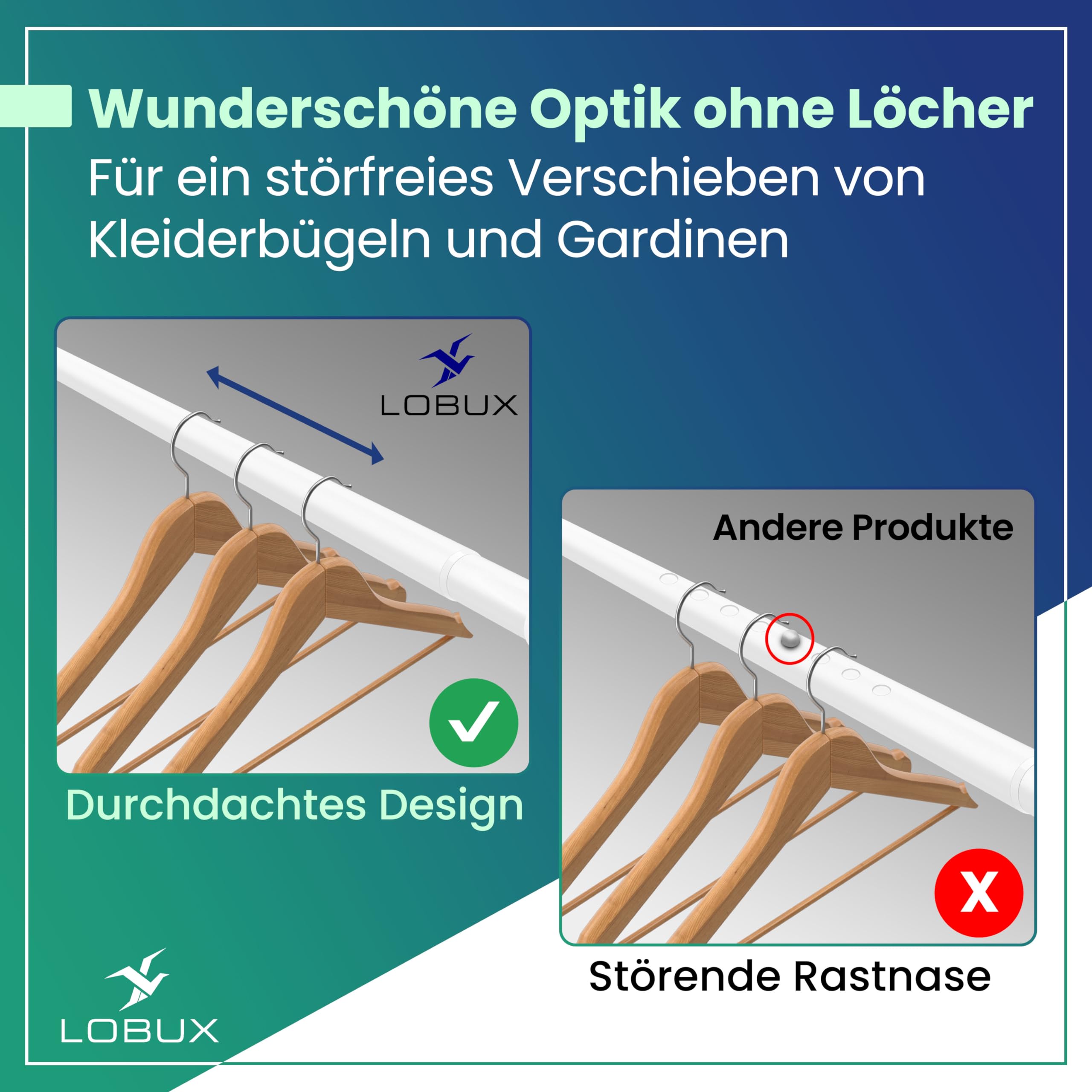 LOBUX® - Gardinenstange ohne bohren [weiß, 110-250cm] – Teleskopstange Vorhang ausziehbar – Duschstange ohne bohren – Vorhangstange, Duschvorhangstange, Kleiderstange, Klemmstange Katzennetz