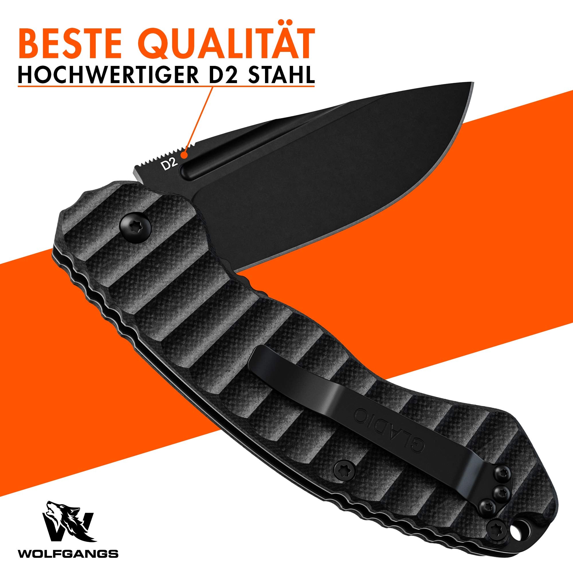 Wolfgangs GLADIO Zweihandmesser Klappmesser aus feinstem D2 Stahl - Legales Taschenmesser Klappmesser - Rebustes Outdoor Messer Survival - Klappmesser Outdoor inkl. Kydex Holster (komplett schwarz)