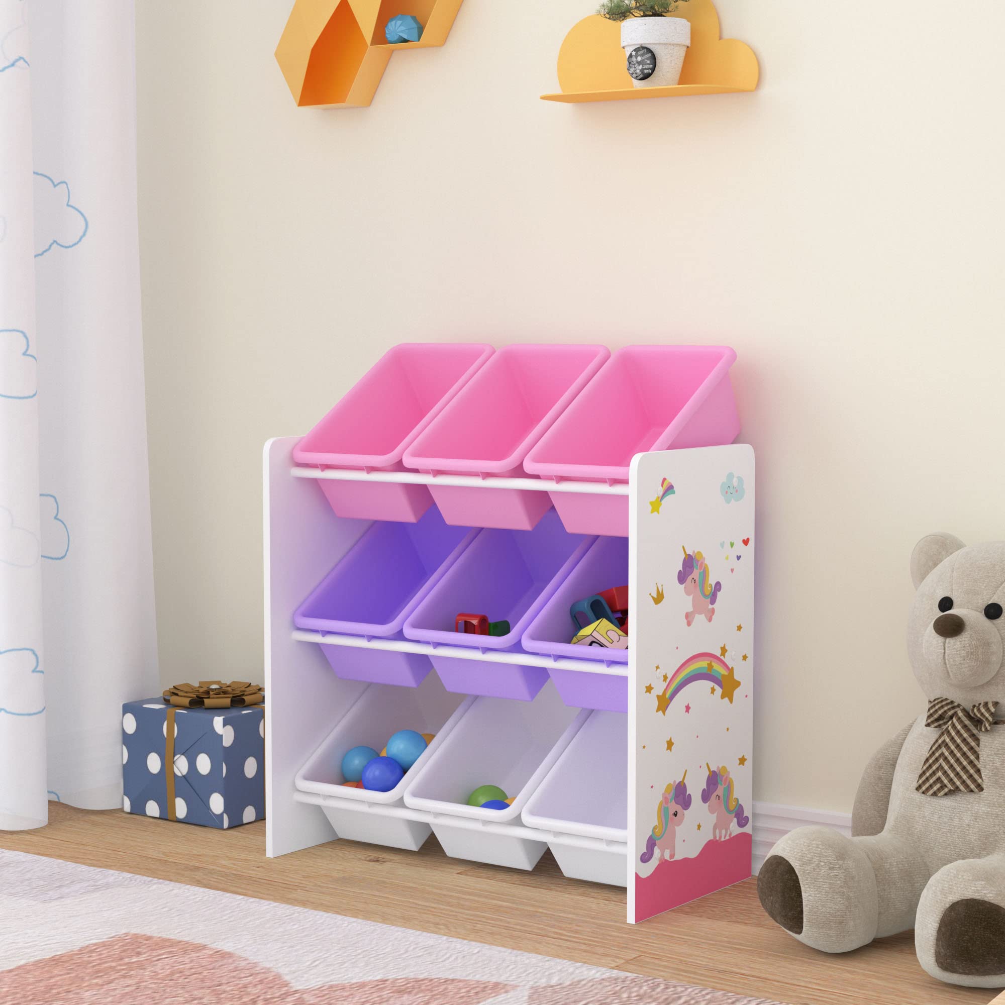 [en.casa] Kinderregal Muxía mit 9 Aufbewahrungsboxen Spielzeugregal mit Einhorn-Motiv Spielregal Weiß Lila Rosa Kinderzimmer Organizer