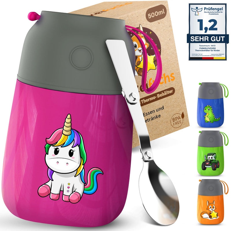 FUNKELFUCHS® Thermobehälter für Essen Kinder – 500ml, Pink Einhorn – 100% auslaufsicher - Warmhaltebehälter Essen Edelstahl – Thermobecher Essen – Thermo Lunchbox Kinder – Warmhaltebehälter Babybrei