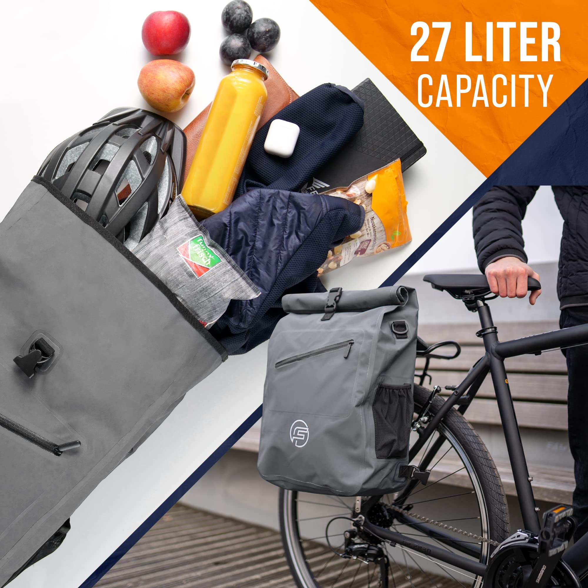 Forrider 3in1 Fahrradtasche für Gepäckträger mit Rucksack Wasserdicht 27L I Gepäckträgertasche Reflektierend I Sattel Tasche fürs Fahrrad (Grey)