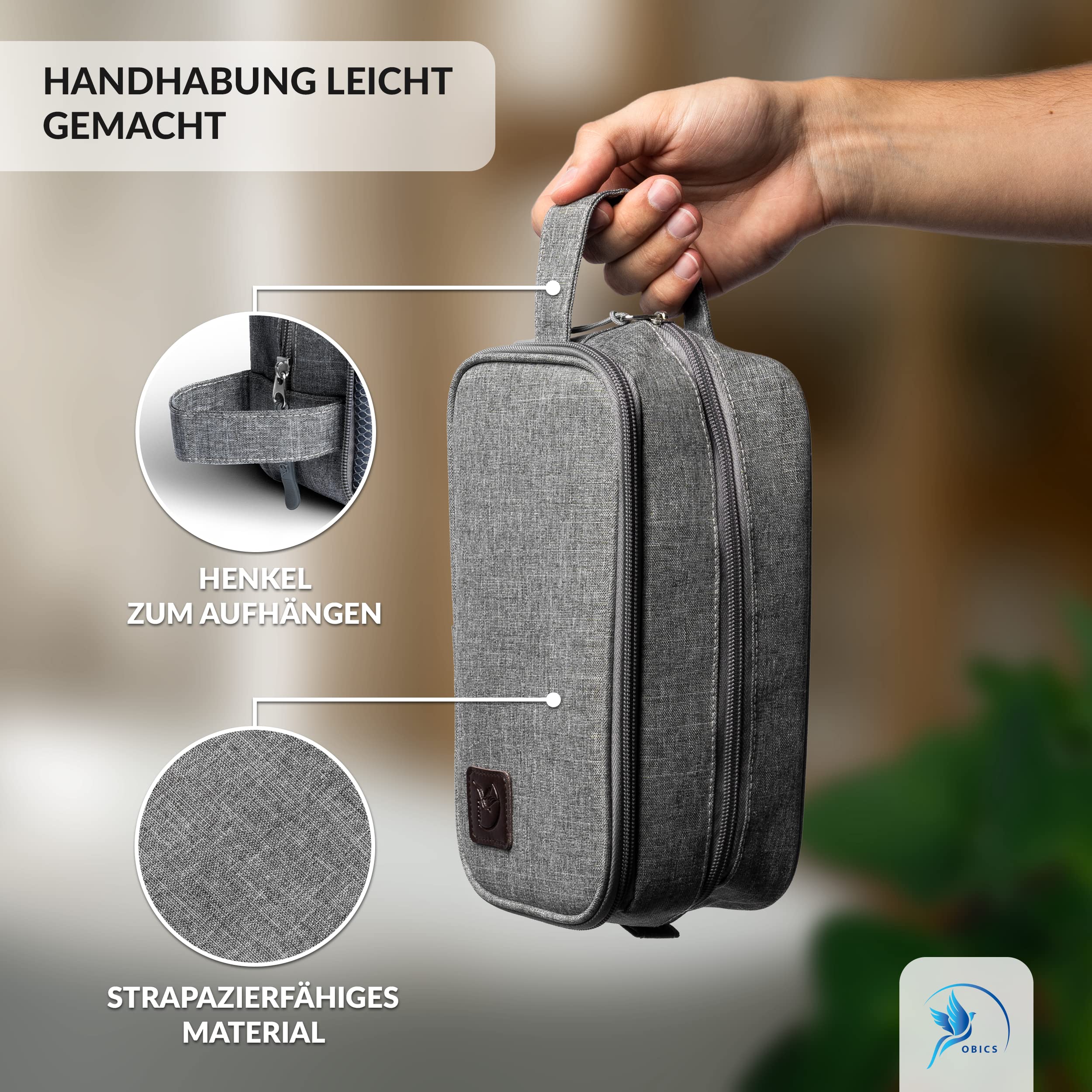 Obics Kulturbeutel Damen & Herren Grau 3L klein - Kosmetiktasche zum Aufhängen mit 10 Innen-Fächer für Reise, Camping & Handtasche - Kosmetik-Tasche & Waschtasche - Beauty Case Organizer für unterwegs