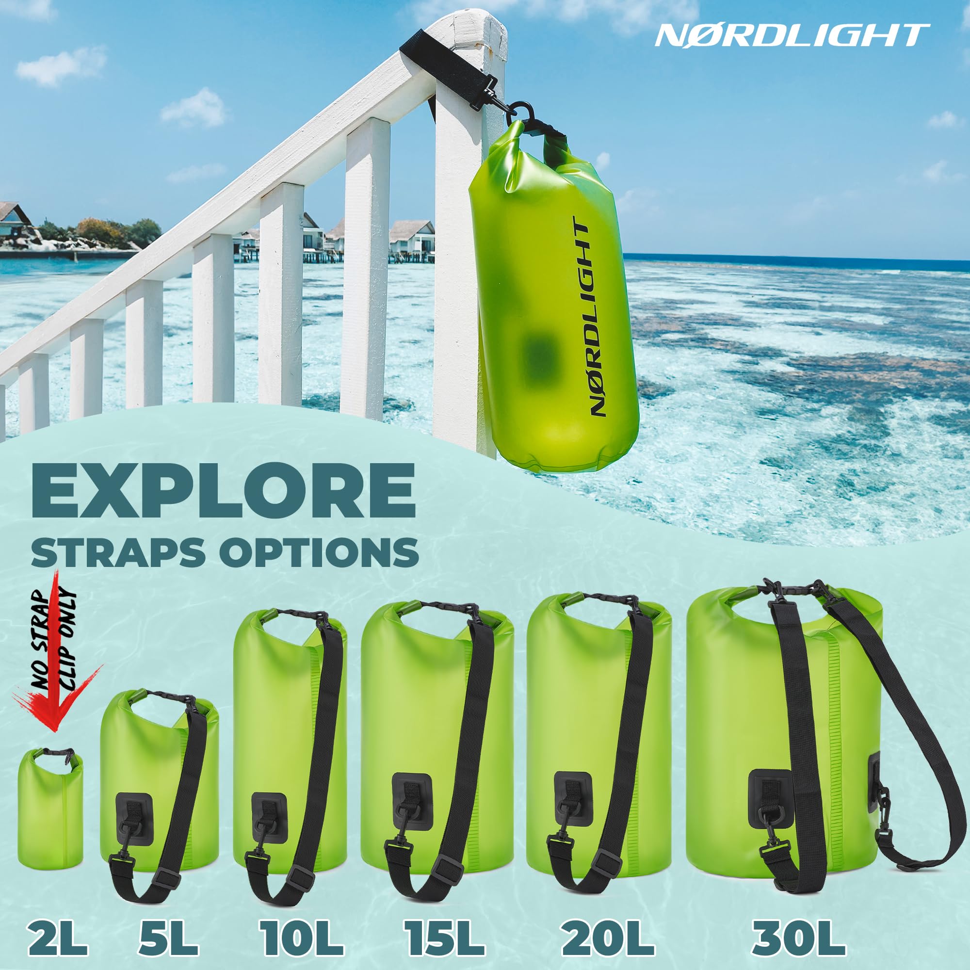 Nordlight Dry Bag 2L Wasserdichter Beutel - (Grün) Wasserdichter Packsack Mit Roll Top Verschluss Und Schultergurt | Schwimmen, Baden, Strand, Kanu, Stand Up Paddling, Tauchen