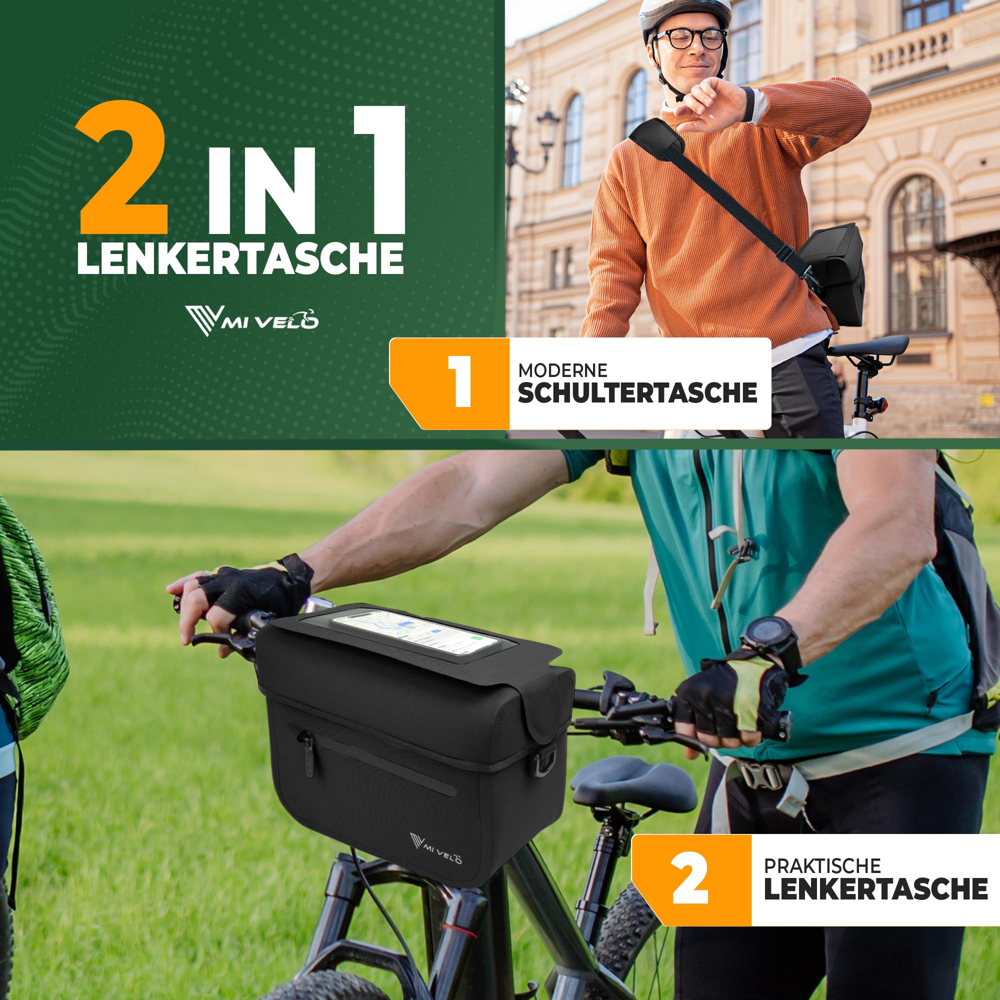 MIVELO Lenkertasche Fahrrad für KLICKfix - 100% wasserdicht - Fahrradtasche Lenker - abnehmbares Handyfach - Lenkertasche - Tasche Lenker - E-Bike tauglich (Schwarz)