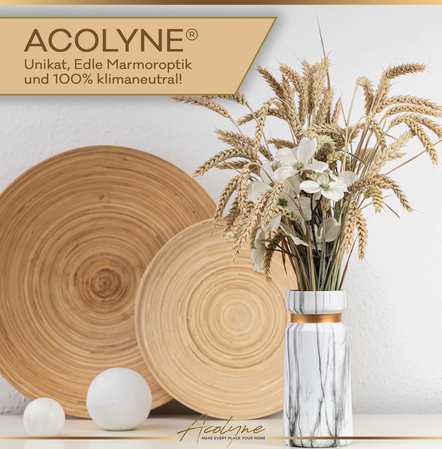 𝐀𝐜𝐨𝐥𝐲𝐧𝐞® Vase für Pampasgras aus Hochwertiger Keramik [MIT REINIGUNGSSCHWAMM & EBOOK] als Moderne Blumenvase in Weiß-Gold | Bodenvase Groß in Marmor-Optik | Vase Weiß