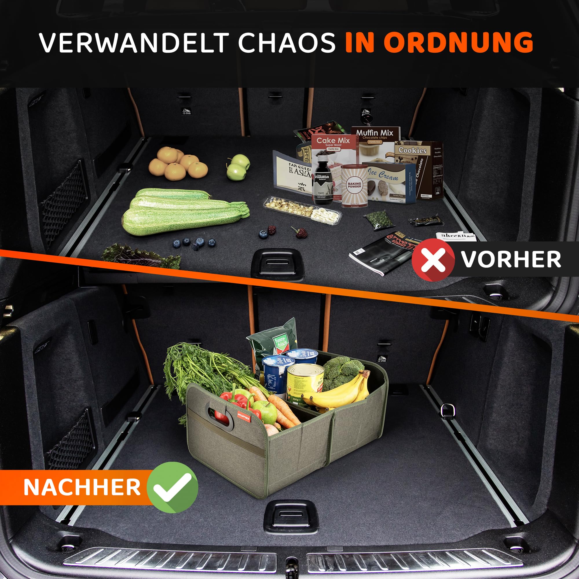 MyHappyRide Auto Kofferraumtasche Grün - Kofferraum Organizer zusammenklappbar - faltbare Aufbewahrungsbox - antirutsch und wasserfester Boden - Auto Faltbox