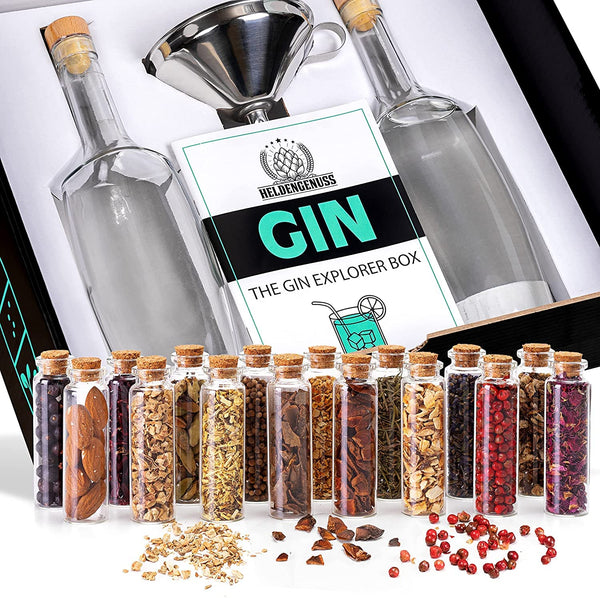 Heldengenuss Gin selber machen Set - 22 tlg. DIY Baukasten zum Gin selber herstellen I Ginbaukasten inkl. Basisalkohol & 16 Botanicals als Geschenkset - Gin selbst herstellen - Gin Geschenk