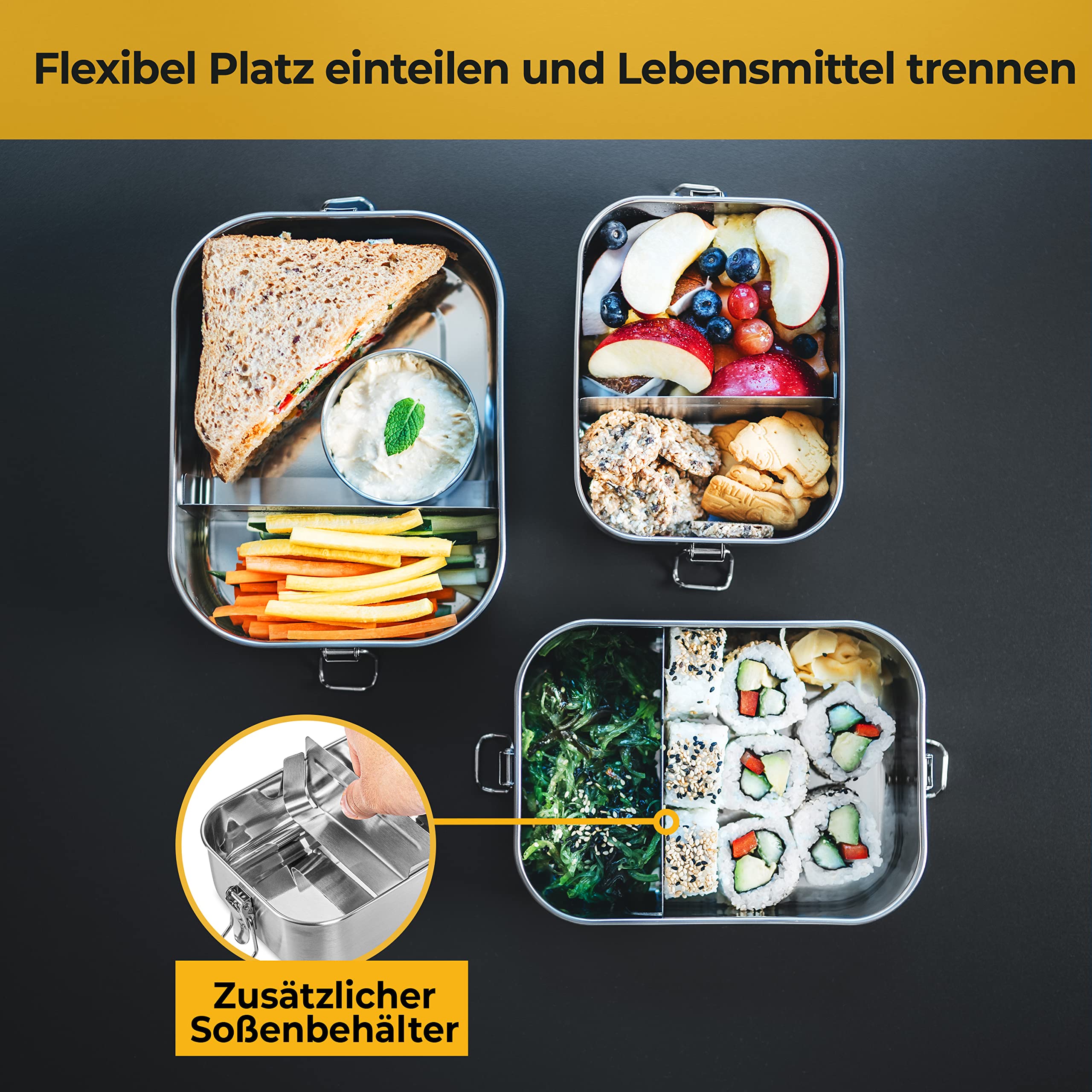 SILBERTHAL Brotdose Edelstahl mit Fächern – Große Lunchbox 1400ml für Erwachsene – Auslaufsicher – Mit Extra Behälter für Saucen und Dips